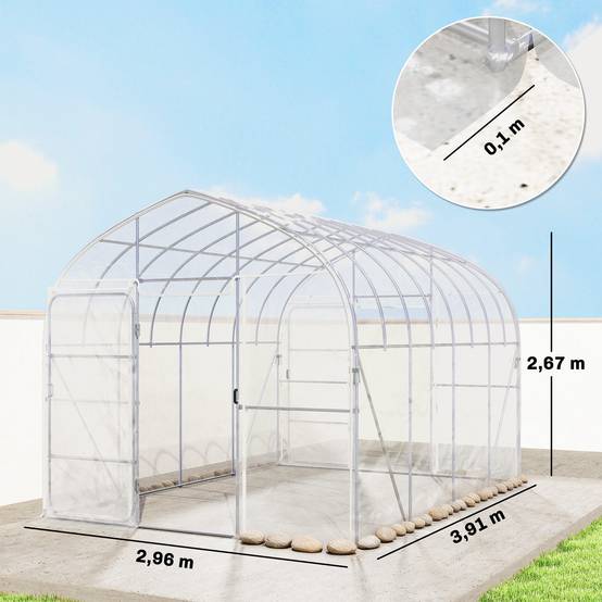 Sans Marque - Serre Tunnel de Jardin 12m² Film PO Anti-goutte Acier Galvanisé 25mm Structure Renforcée 2 Portes Battantes Transparent - Image 5