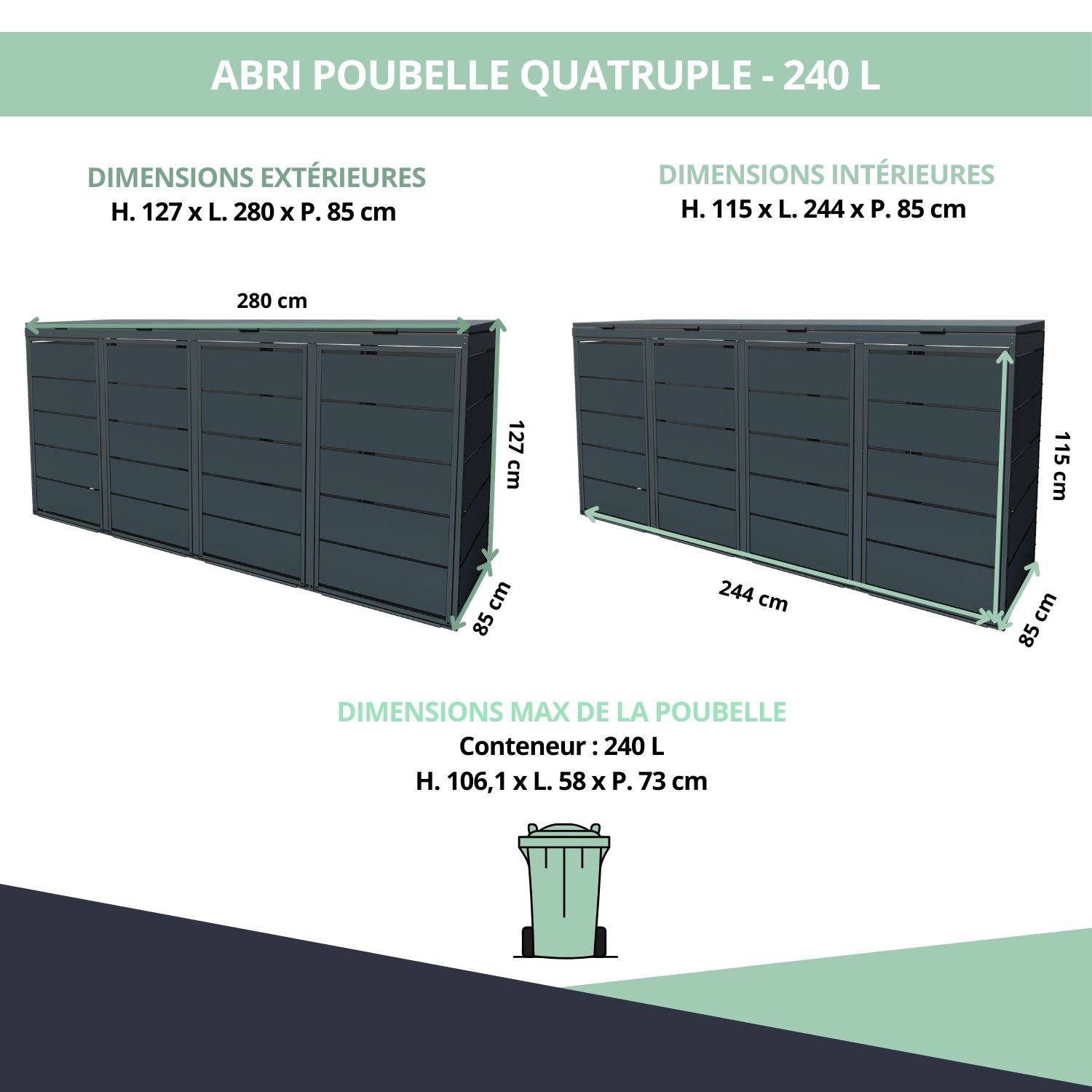 Cache poubelle extérieur quadruple en acier galvanisé - Abri poubelle pour 4 conteneurs 240 Litres - Anthracite RAL7016 - Image 3