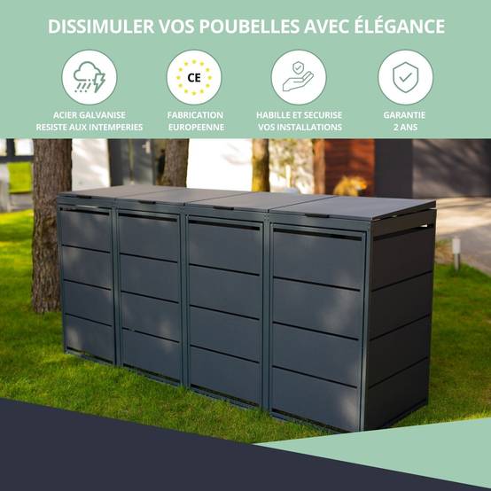 Cache poubelle extérieur quadruple en acier galvanisé - Abri poubelle pour 4 conteneurs 240 Litres - Anthracite RAL7016 - Image 7