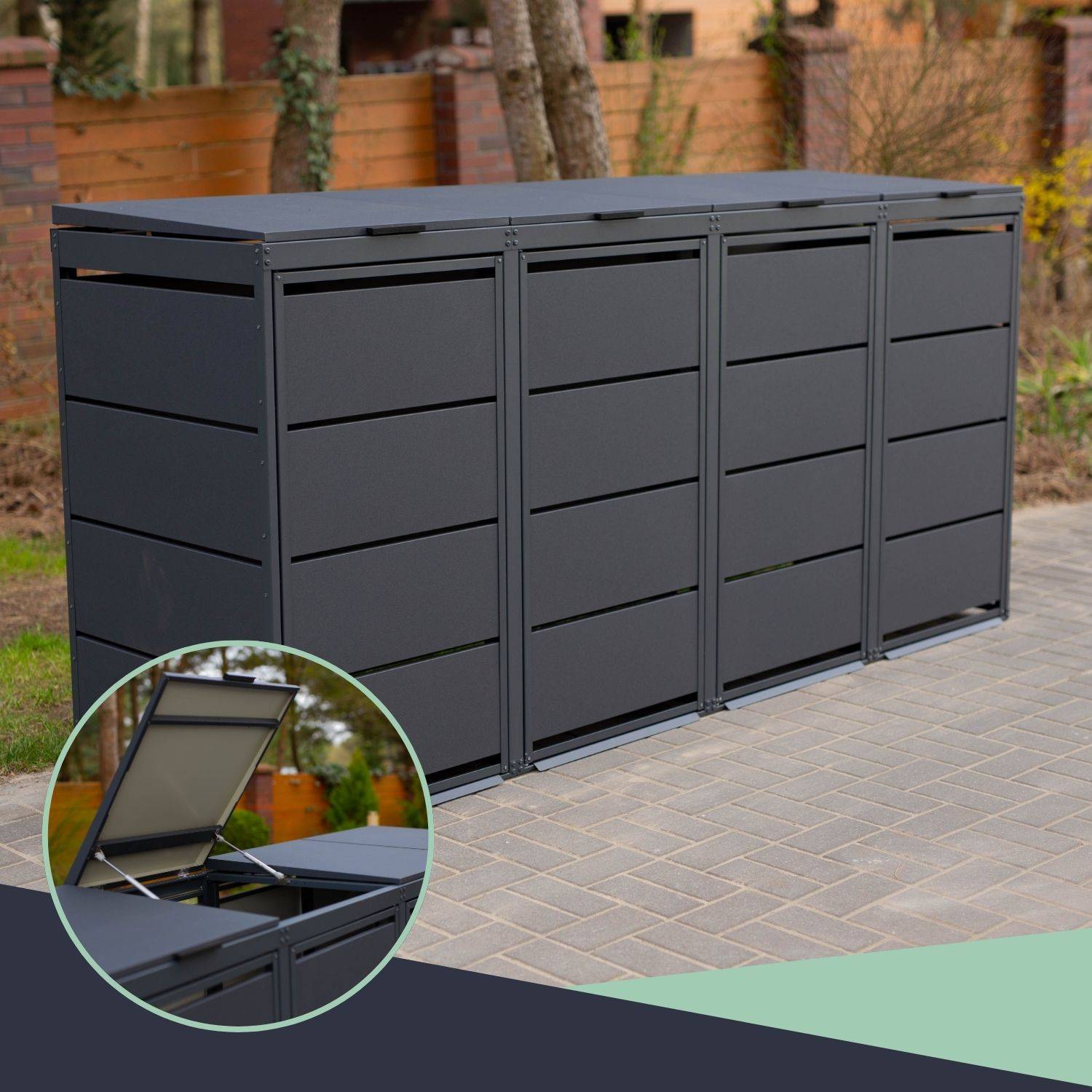 Cache poubelle extérieur quadruple en acier galvanisé - Abri poubelle pour 4 conteneurs 240 Litres - Anthracite RAL7016 - Image 8