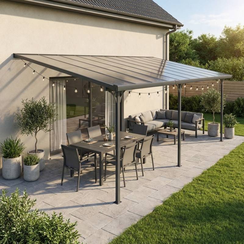 X-Metal - Pergola adossée ajustable aluminium 18,85 m² toit polycarbonate 6mm X-Metal anthracite - Image 1