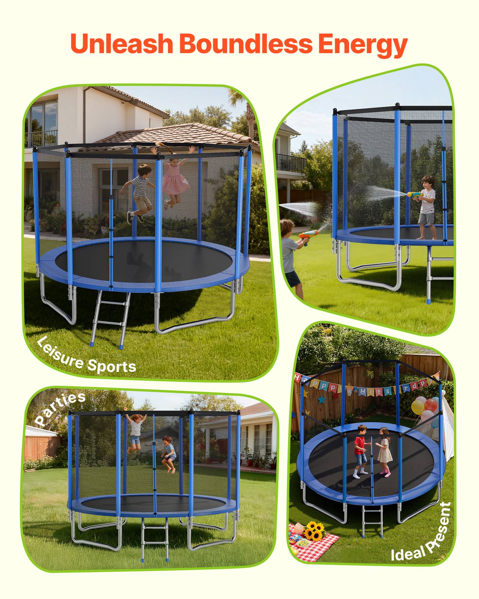 Vevor - VEVOR Trampoline extérieur 427 cm, cadre acier antirouille, filet sécurité 360°, 72 ressorts, capacité 204 kg, conforme ASTM. - Image 6