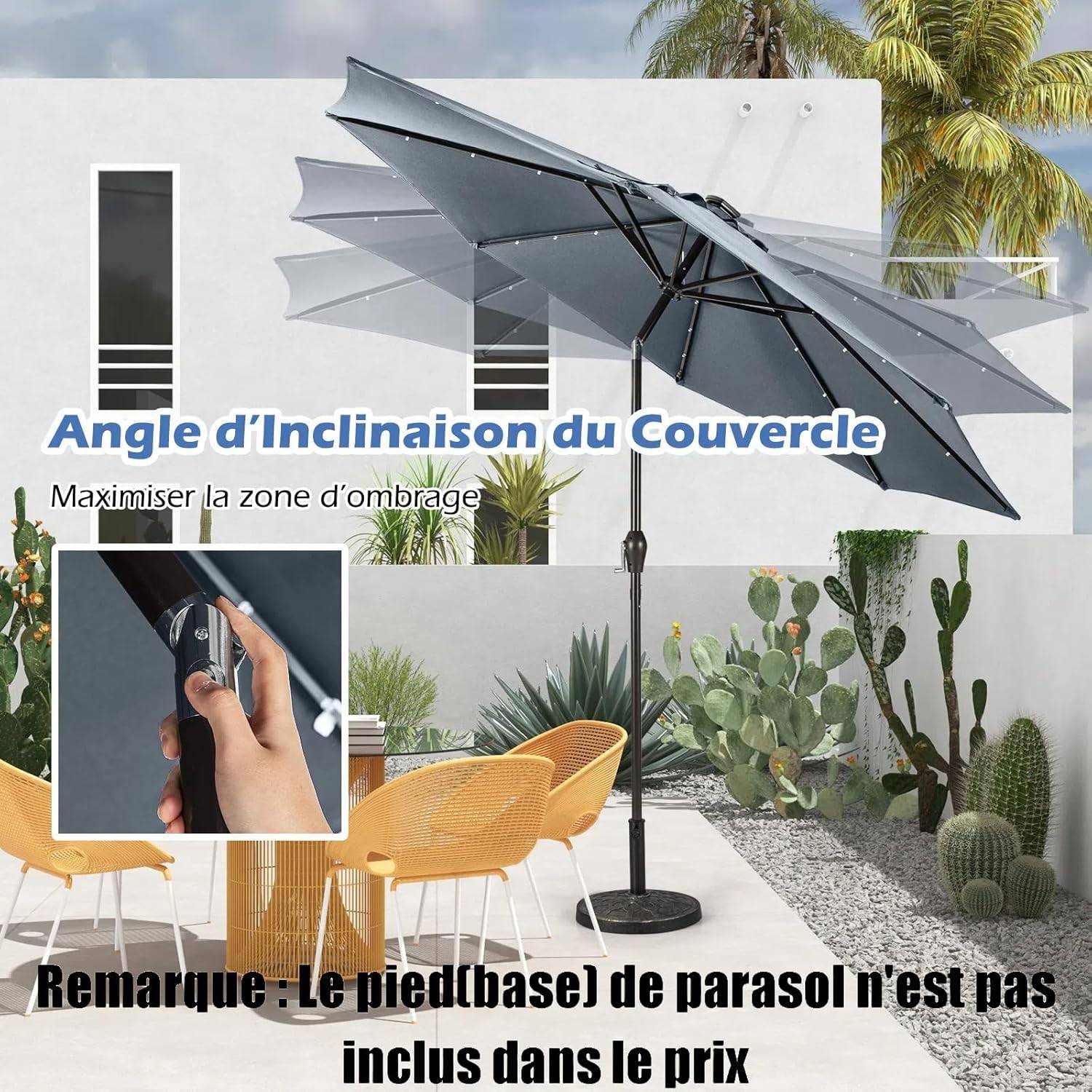 Costway - Parasol de Jardin Ø 300 CM, Parasol Inclinable Lumineux Solaire avec 24 LED, avec Manivelle et 8 Baleines Métalliques (Gris) - Image 5