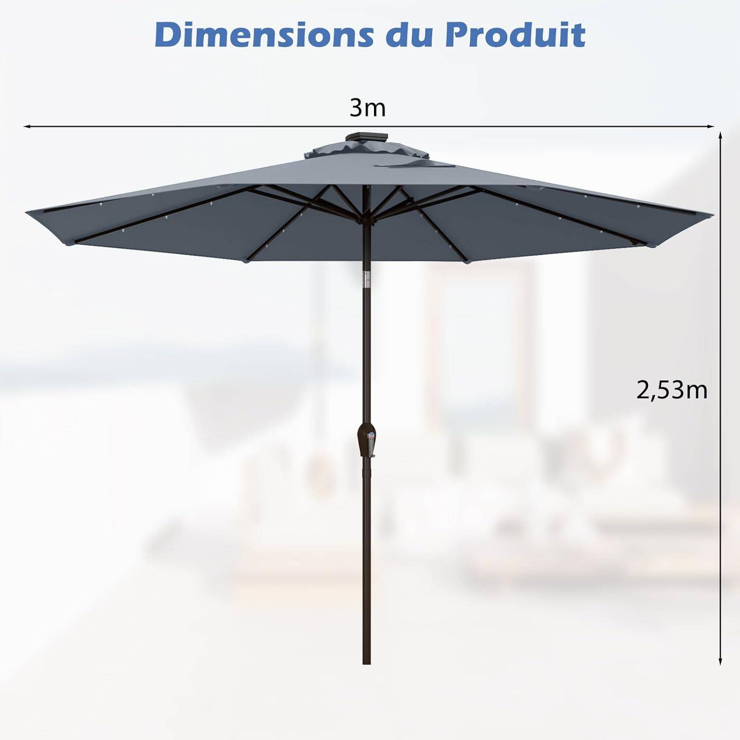 Costway - Parasol de Jardin Ø 300 CM, Parasol Inclinable Lumineux Solaire avec 24 LED, avec Manivelle et 8 Baleines Métalliques (Gris) - Image 3