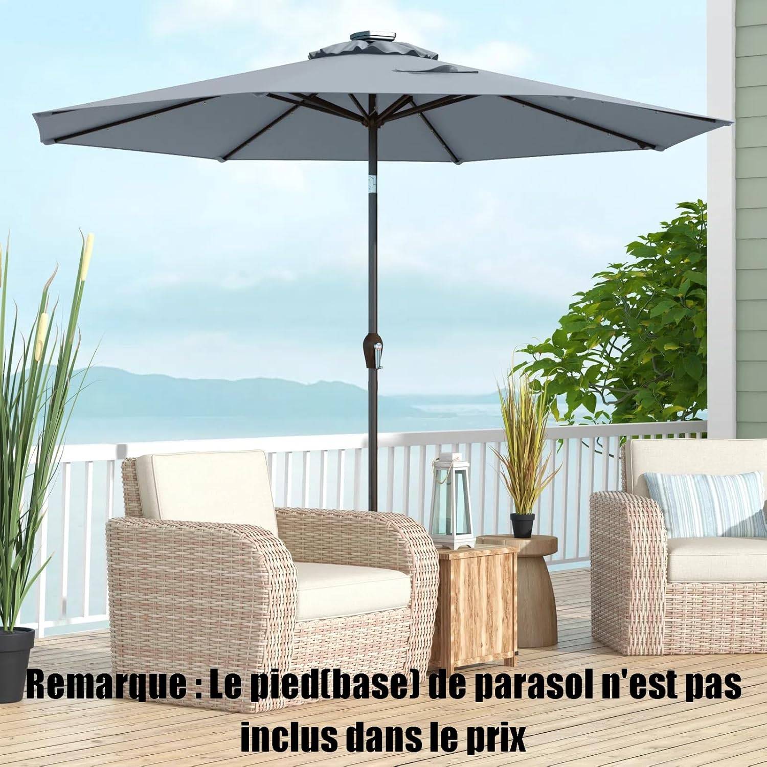 Costway - Parasol de Jardin Ø 300 CM, Parasol Inclinable Lumineux Solaire avec 24 LED, avec Manivelle et 8 Baleines Métalliques (Gris) - Image 1