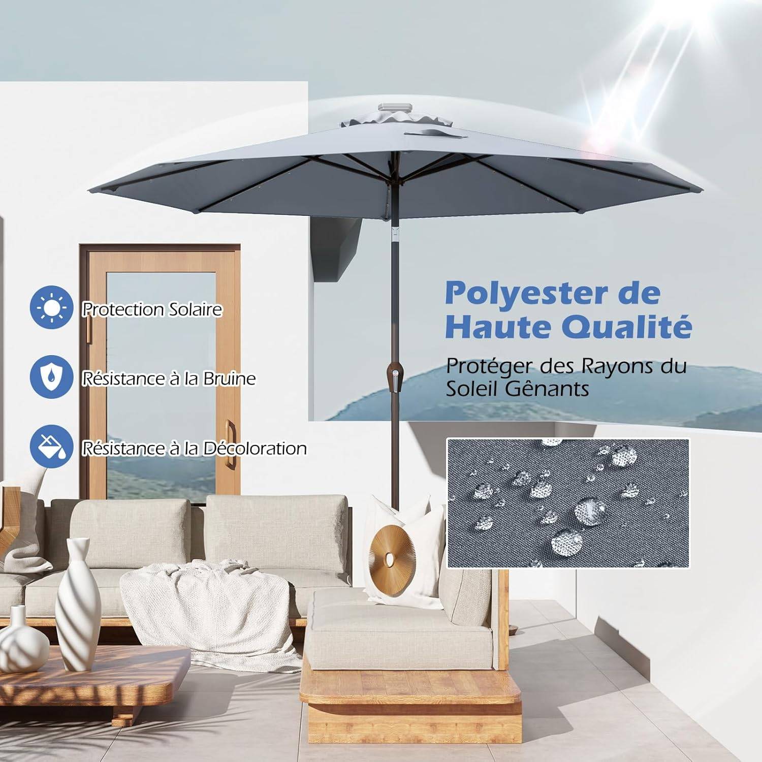 Costway - Parasol de Jardin Ø 300 CM, Parasol Inclinable Lumineux Solaire avec 24 LED, avec Manivelle et 8 Baleines Métalliques (Gris) - Image 4