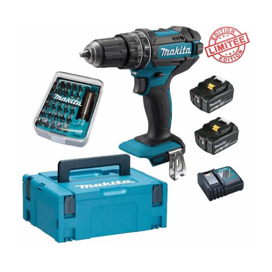 Perceuse visseuse à percussion Makita 18V 62Nm DHP482 + 2 batt 5 Ah + 30 embouts de vissage + porte-embout magnétique - Image 1