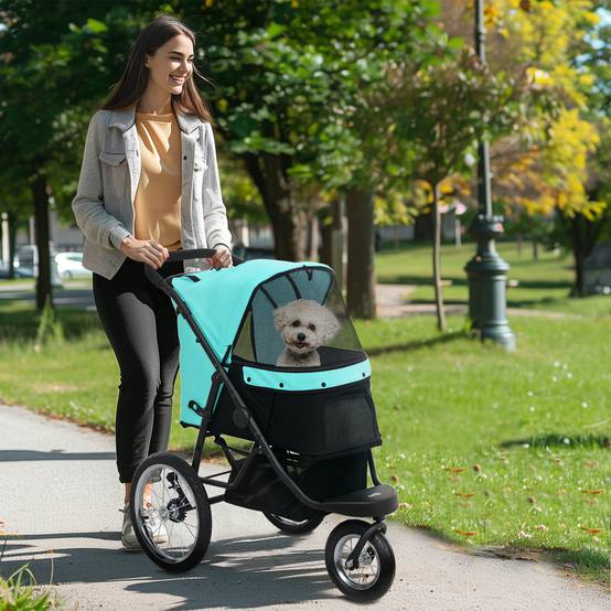 Poussette chien, petits chiens chats, panier rangement, pliage one-click, turquoise - Image 3