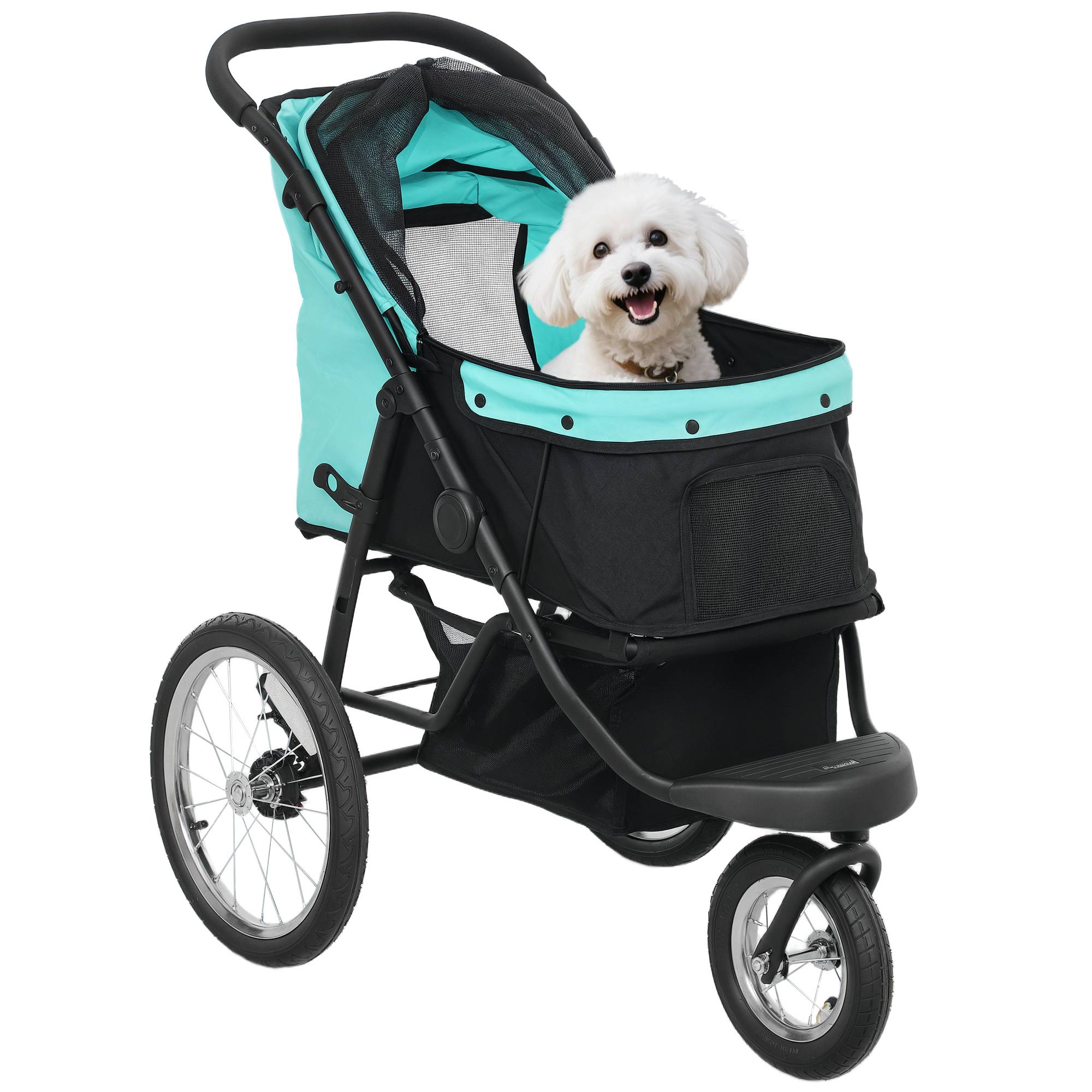 Poussette chien, petits chiens chats, panier rangement, pliage one-click, turquoise - Image 1