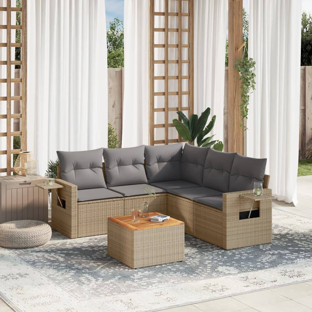 Canapé d'Angle de Jardin 5 Places en Résine Tressée avec Table Basse Bois Coussins Gris Beige – ComfortXL Outdoor Living - Image 1