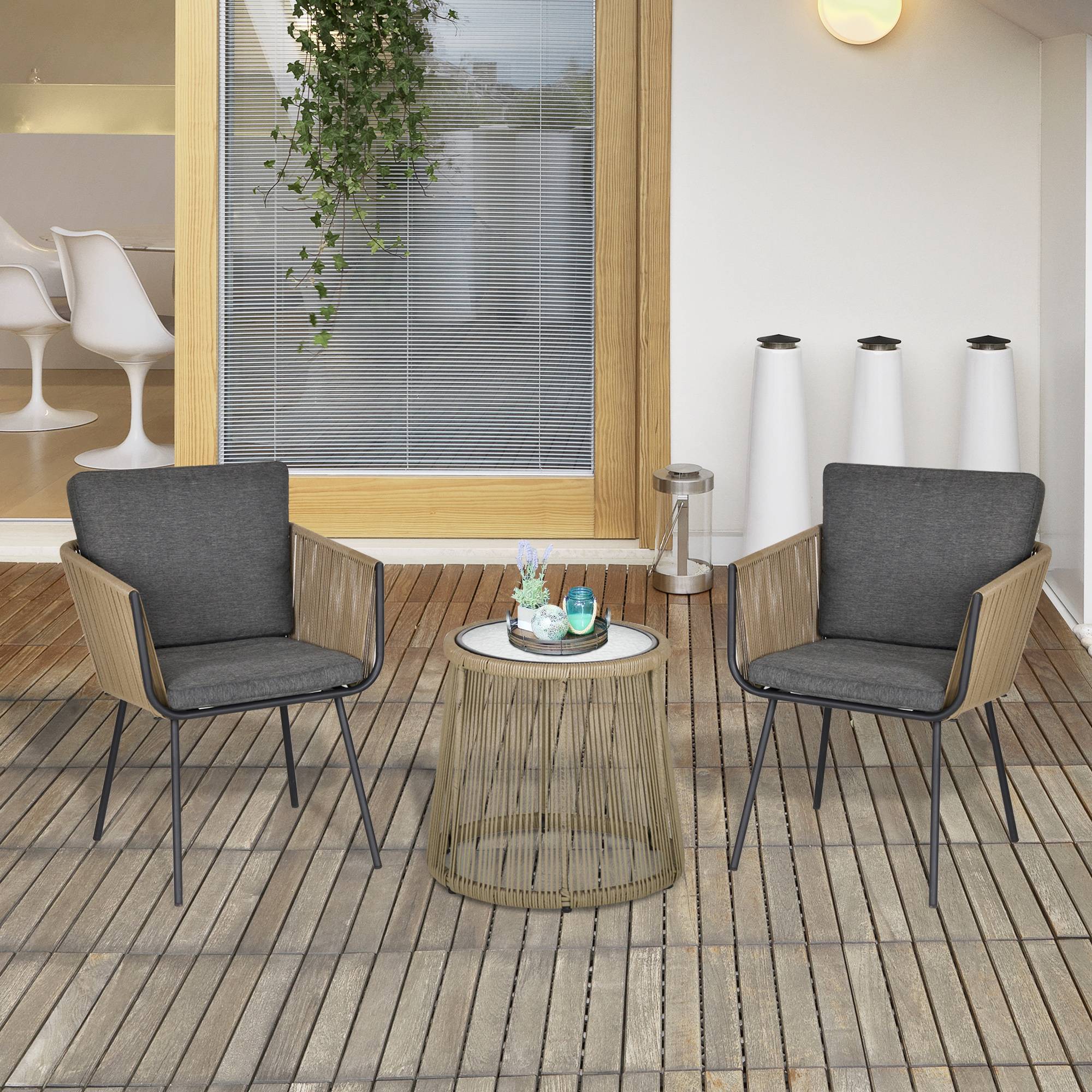 ComfortXL - Ensemble balcon 2 places Résine Tressée Style Boho Coussins Kaki Gris - ComfortXL Outdoor Living - Image 3
