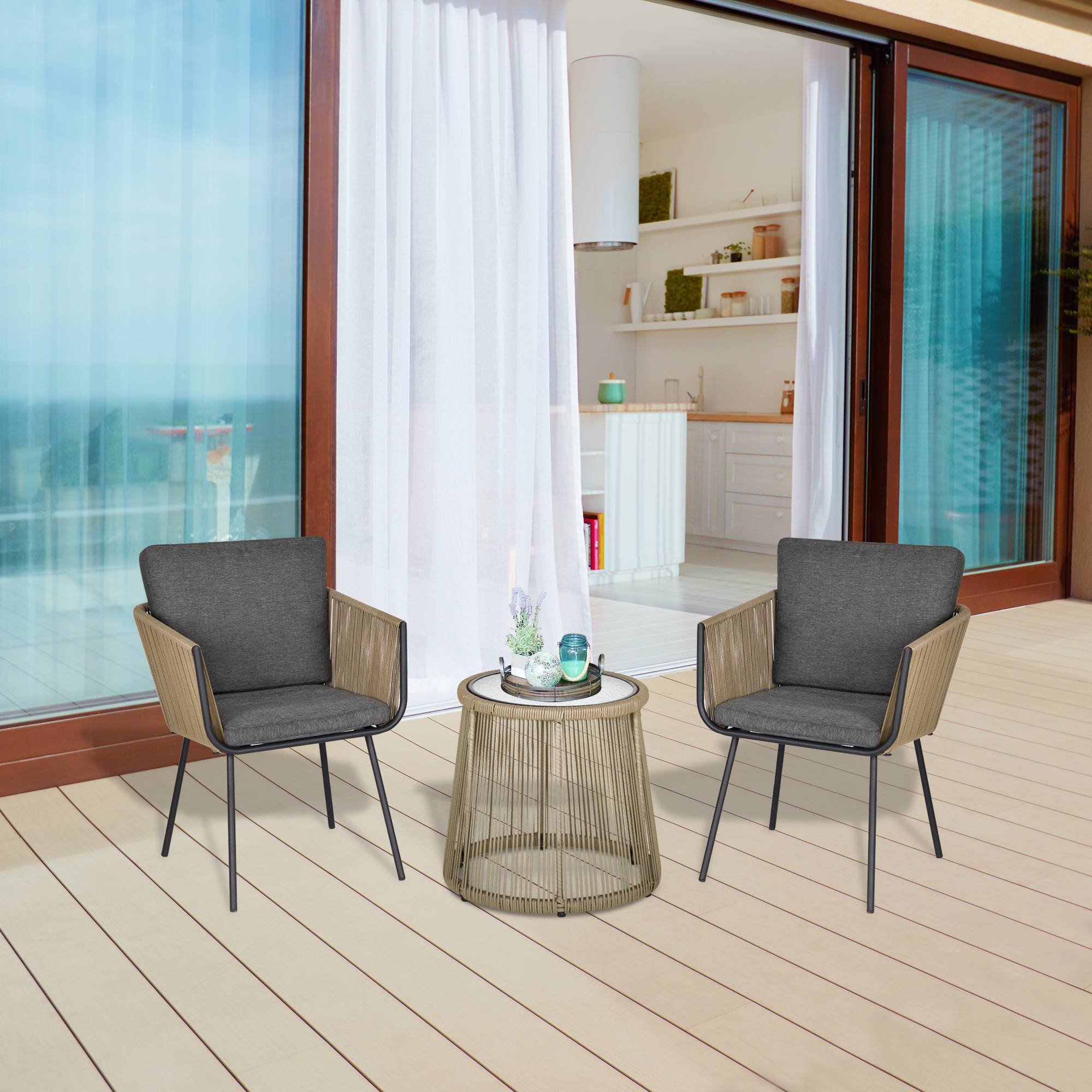 ComfortXL - Ensemble balcon 2 places Résine Tressée Style Boho Coussins Kaki Gris - ComfortXL Outdoor Living - Image 4