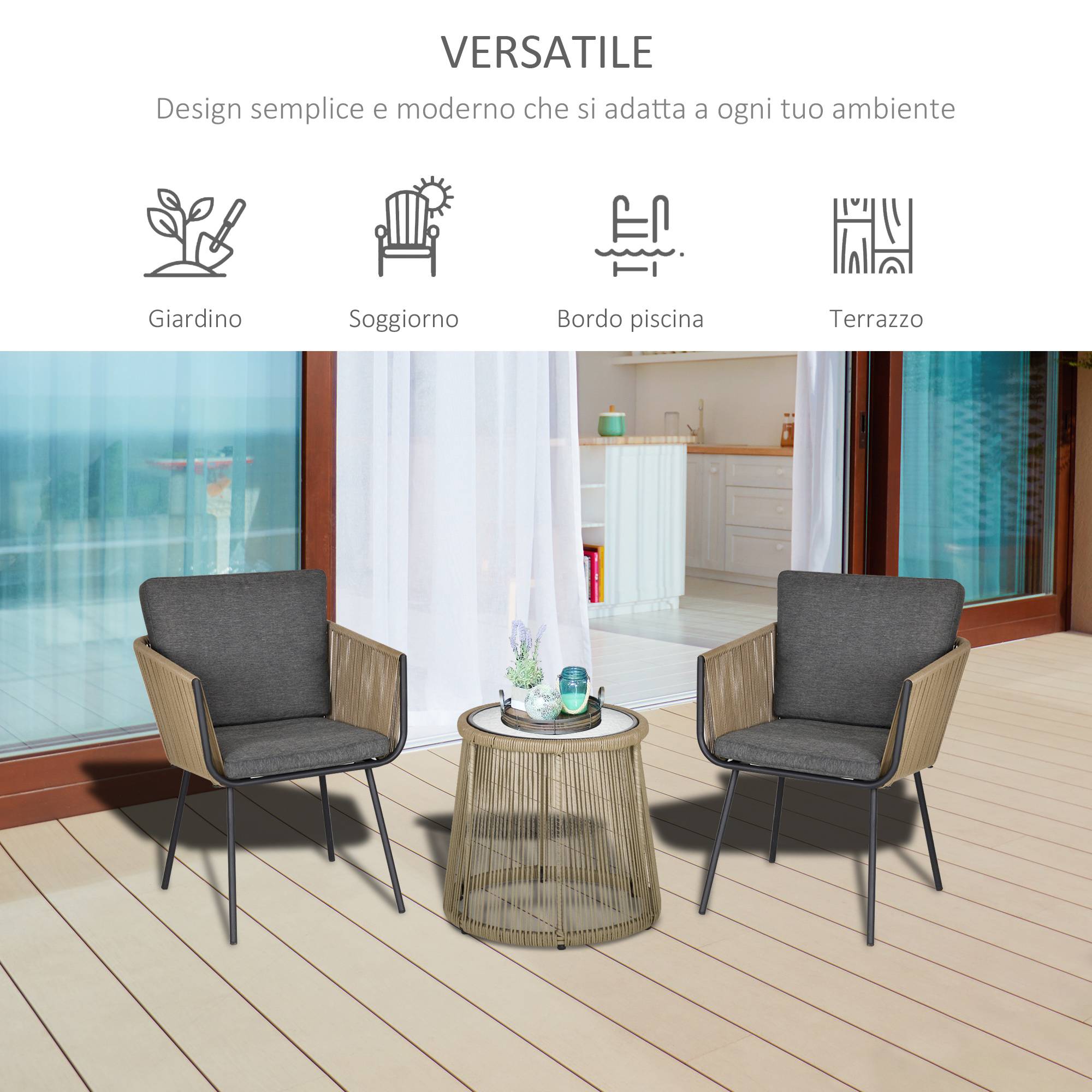 ComfortXL - Ensemble balcon 2 places Résine Tressée Style Boho Coussins Kaki Gris - ComfortXL Outdoor Living - Image 9