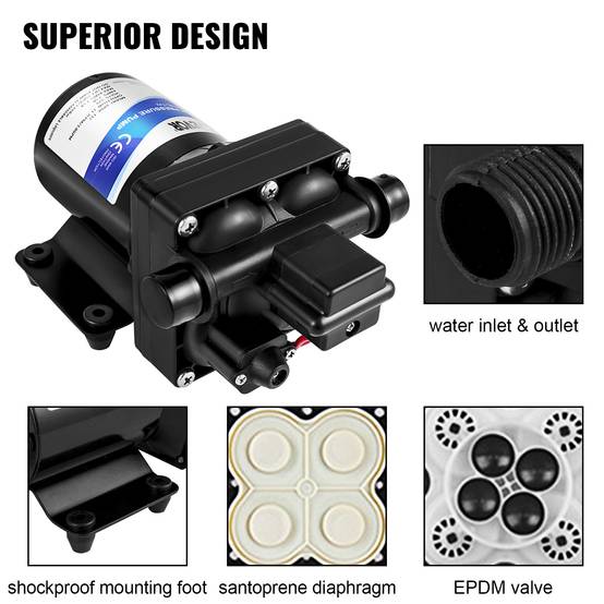 VEVOR Pompe à eau lavage 12V diaphragme 55 Psi, amorçage auto, camping-car/marine/auto. - Image 3