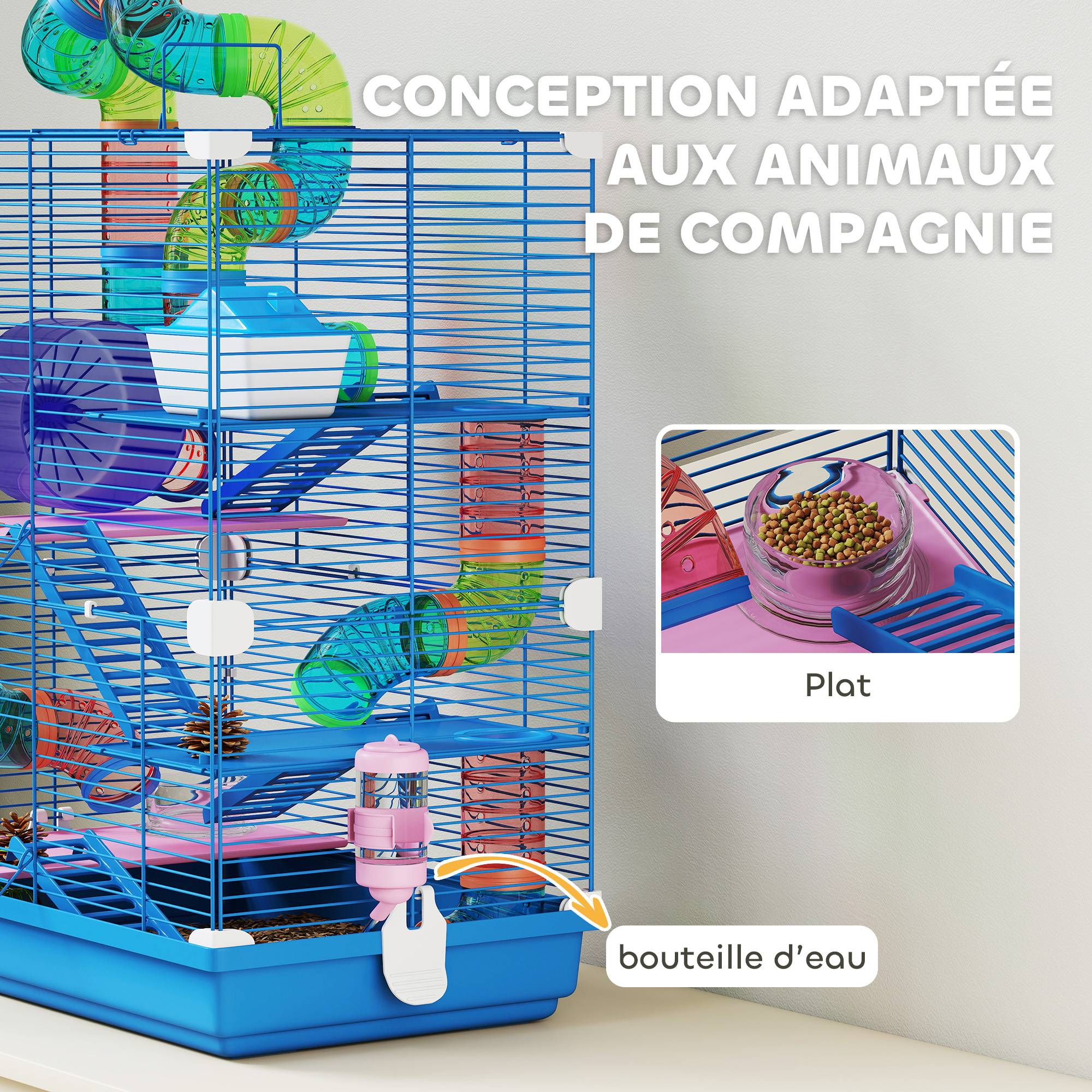 Cage hamster rongeur 4 étages tunnels mangeoire roue maison échelles, 46x30x58cm, bleu - Image 7