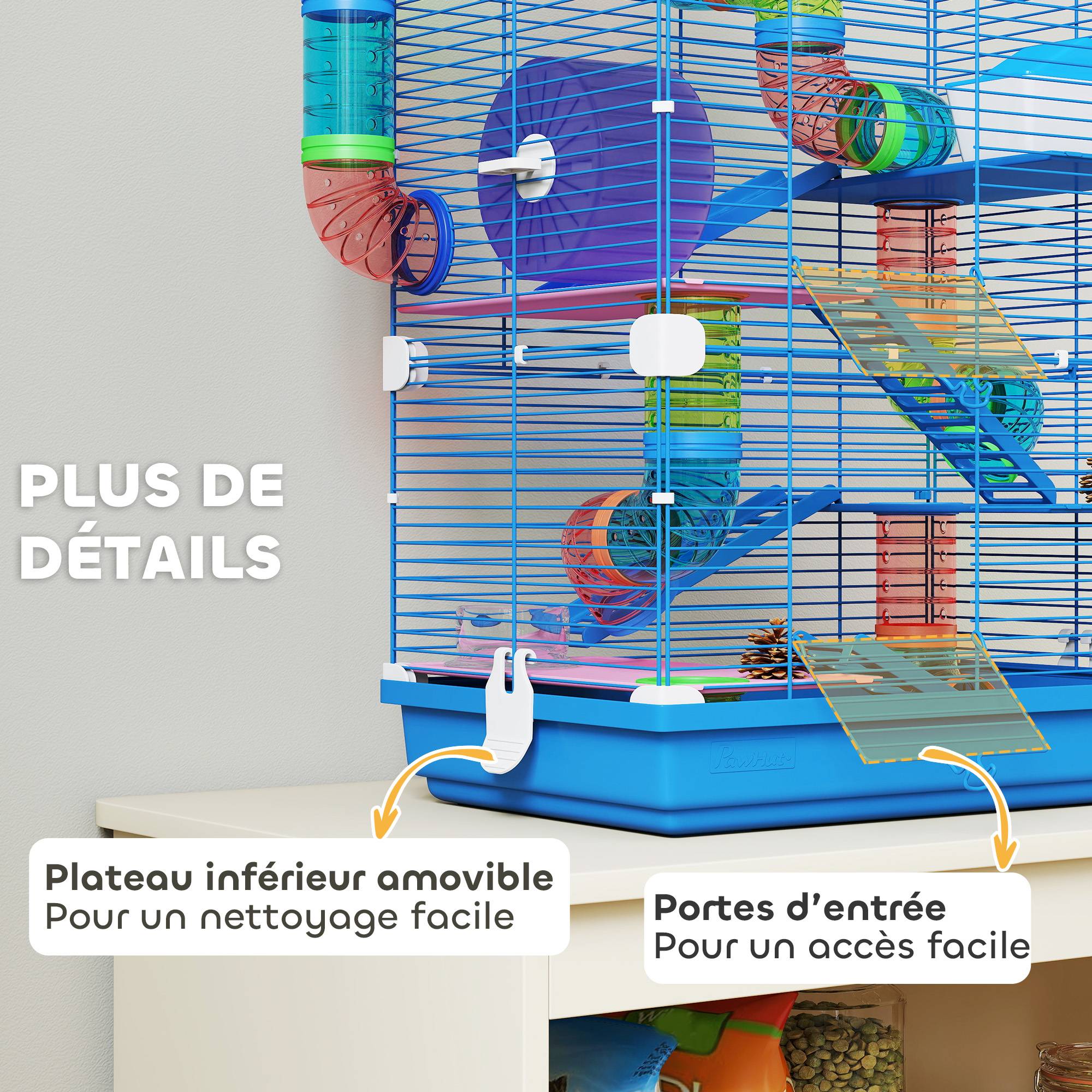 Cage hamster rongeur 4 étages tunnels mangeoire roue maison échelles, 46x30x58cm, bleu - Image 9