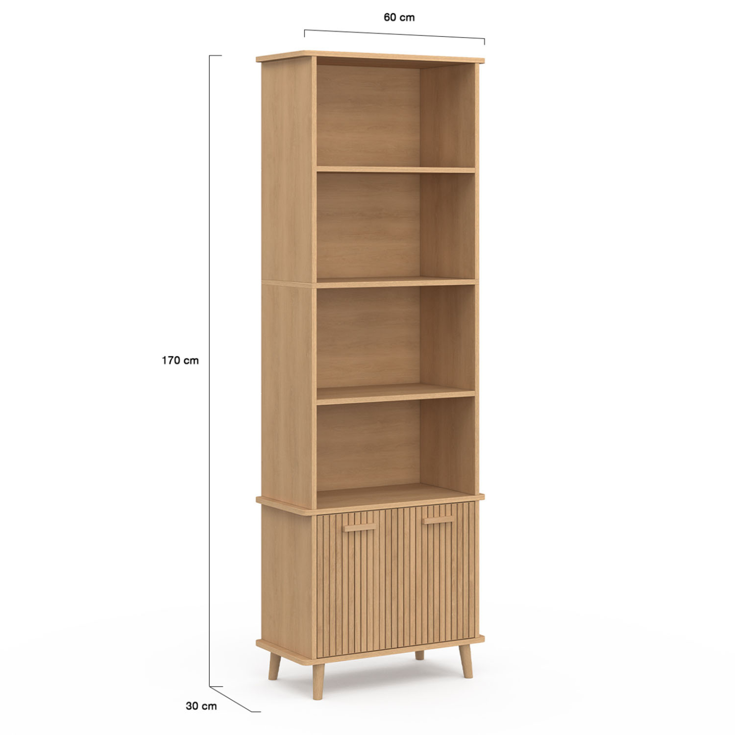 Etagère bibliothèque 4 niveaux avec placard JULIETTE lattes tasseau bois coloris chêne - Image 5