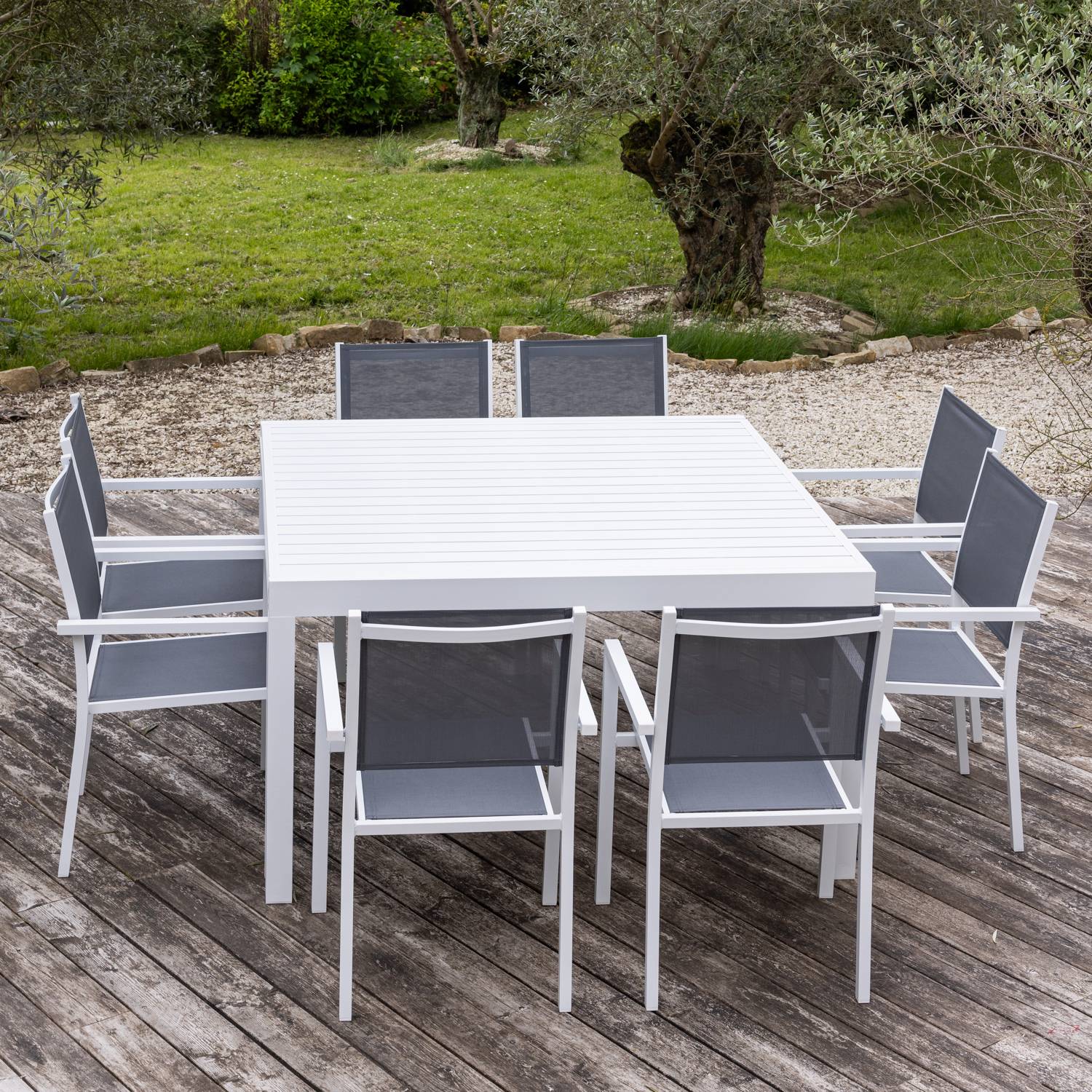 Salon de jardin extensible 10 places de 140/200cm en textilène gris - aluminium blanc VENEZIA - HAPPY GARDEN - Image 5