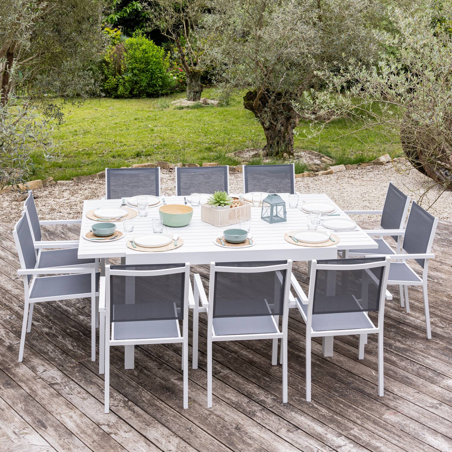 Salon de jardin extensible 10 places de 140/200cm en textilène gris - aluminium blanc VENEZIA - HAPPY GARDEN - Image 2