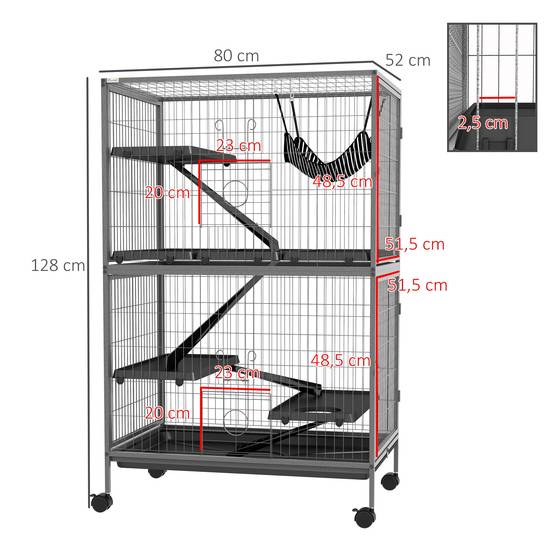 Cage grande taille rongeur Acier et PP multi-niveaux avec roues 80x52x128cm Gris - ComfortXL Outdoor Living - Image 5