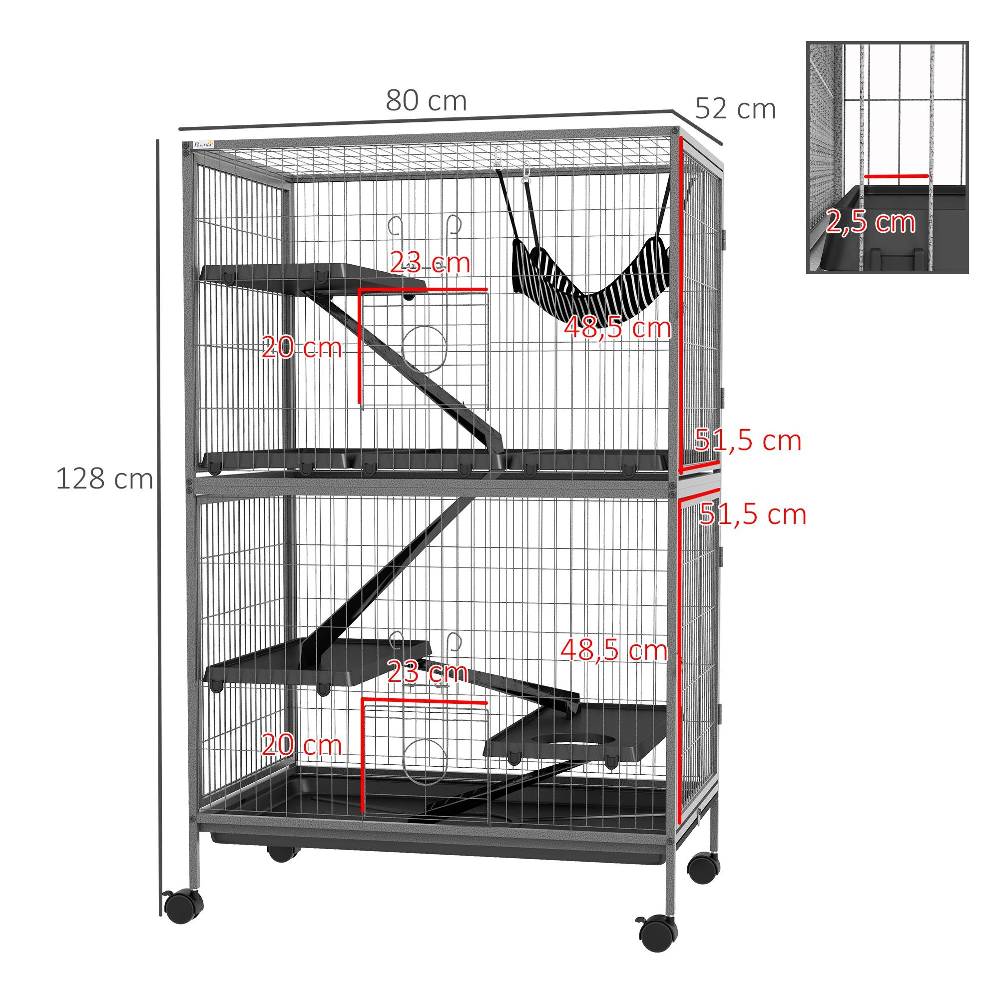 Cage grande taille rongeur Acier et PP multi-niveaux avec roues 80x52x128cm Gris - ComfortXL Outdoor Living - Image 5