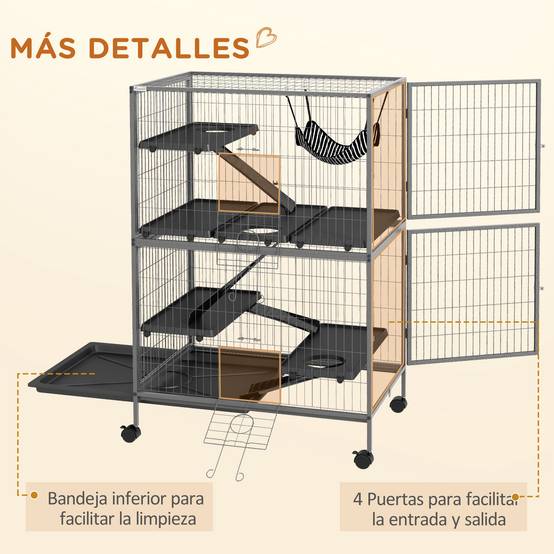 Cage grande taille rongeur Acier et PP multi-niveaux avec roues 80x52x128cm Gris - ComfortXL Outdoor Living - Image 9