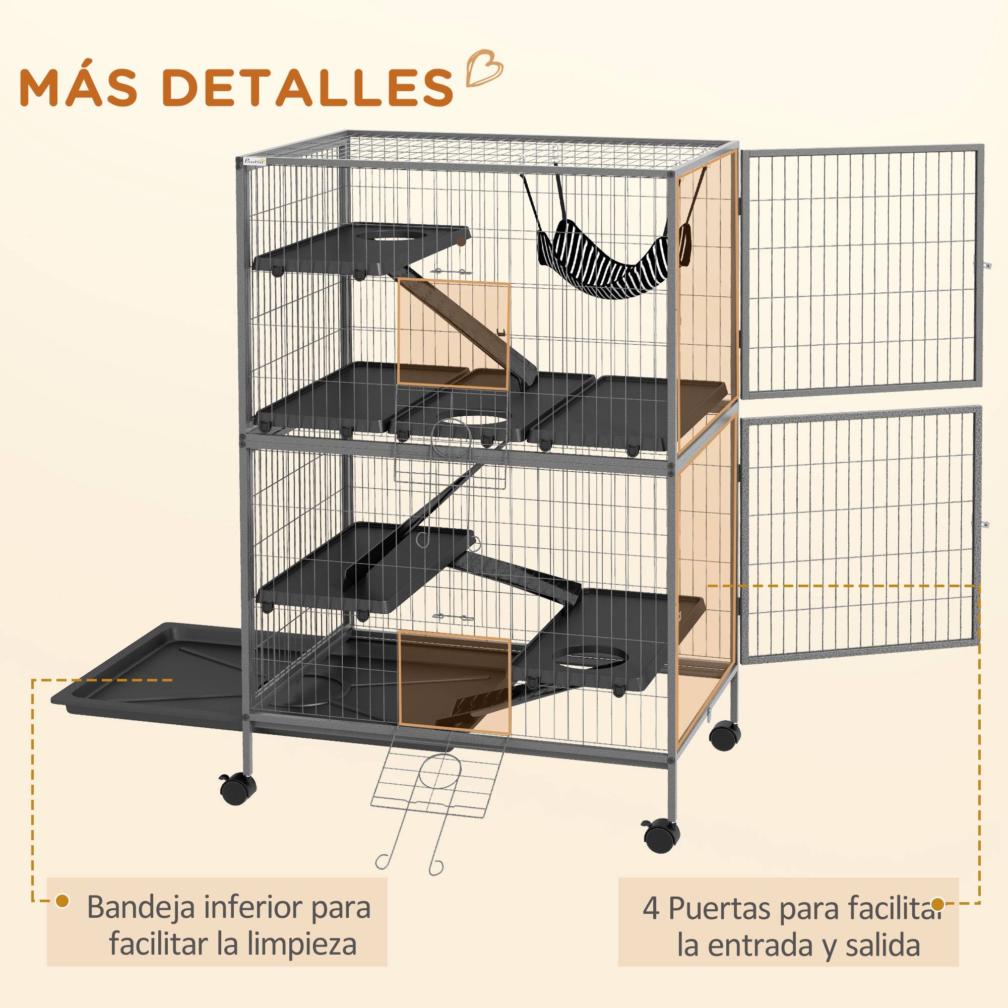 Cage grande taille rongeur Acier et PP multi-niveaux avec roues 80x52x128cm Gris - ComfortXL Outdoor Living - Image 9