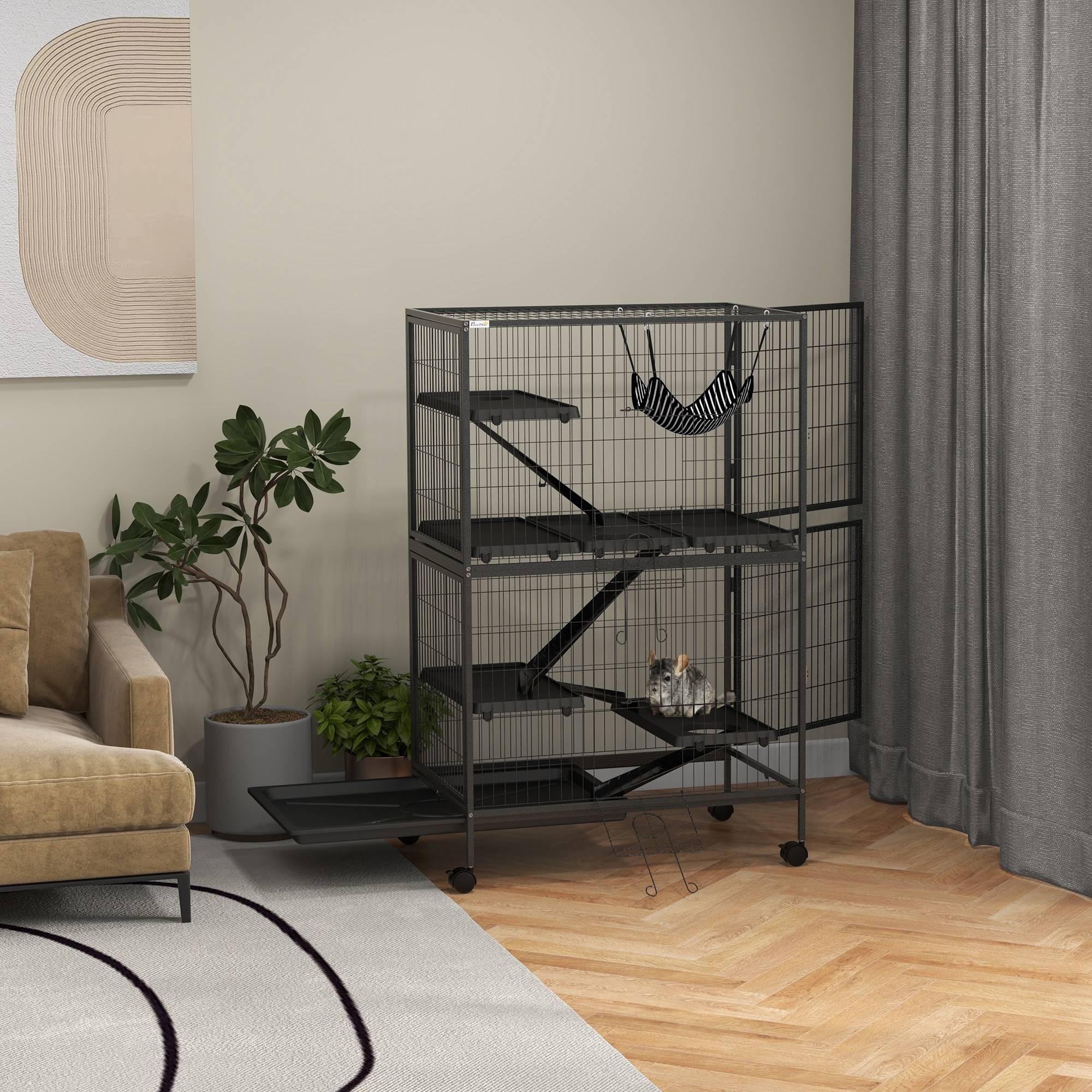 Cage grande taille rongeur Acier et PP multi-niveaux avec roues 80x52x128cm Gris - ComfortXL Outdoor Living - Image 4