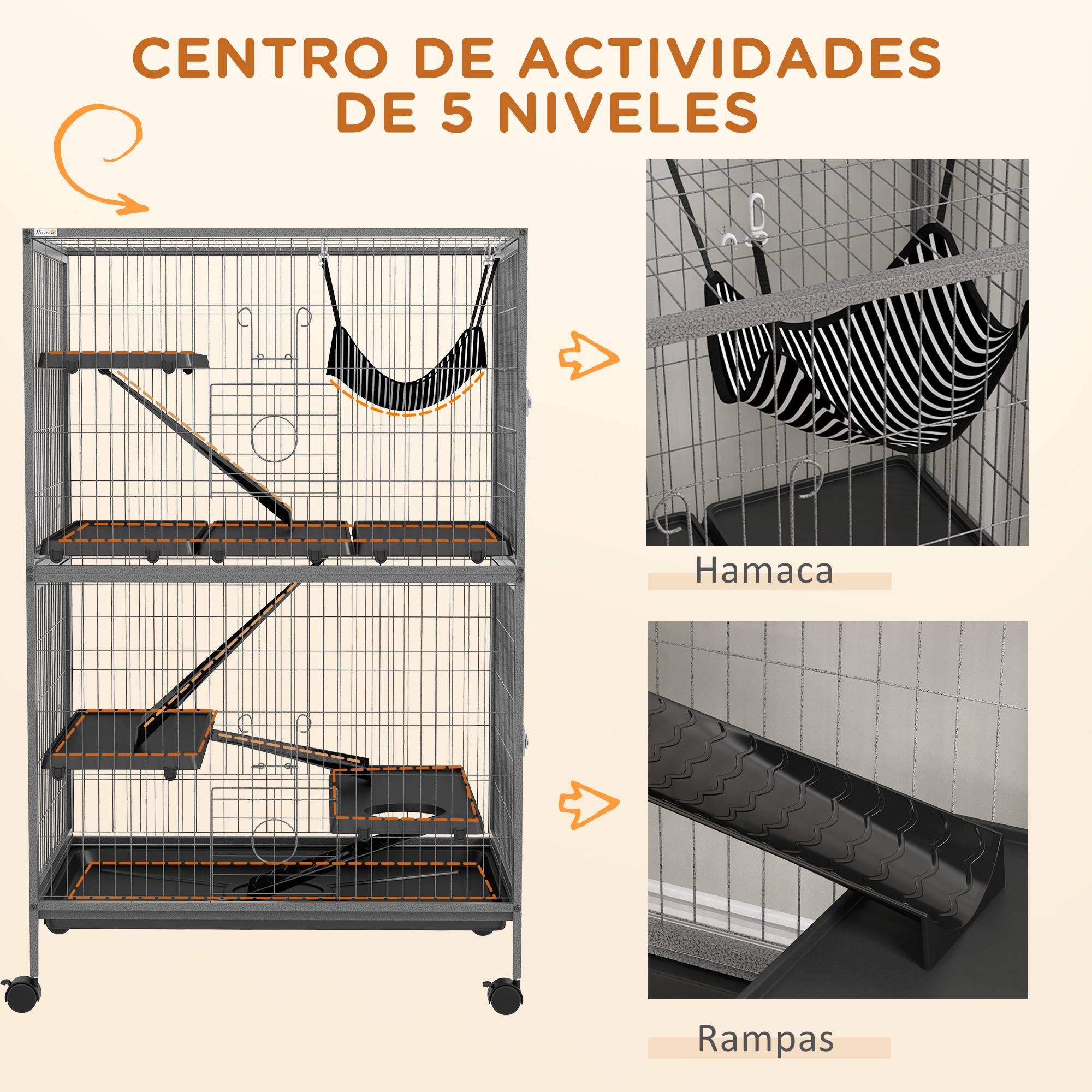 Cage grande taille rongeur Acier et PP multi-niveaux avec roues 80x52x128cm Gris - ComfortXL Outdoor Living - Image 8