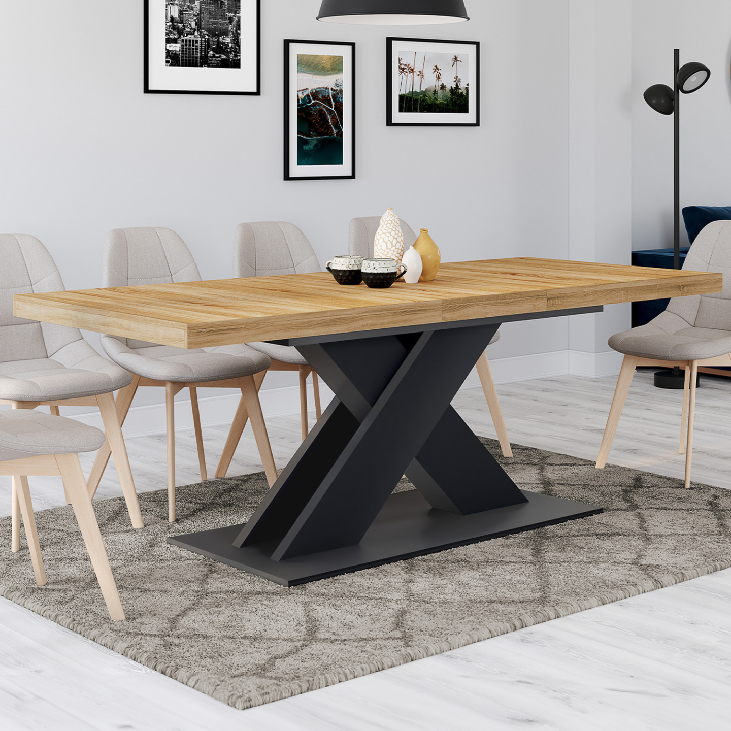 Table à manger extensible rectangle ALICIA 6-10 personnes bois et noir 160-200 cm - Image 1
