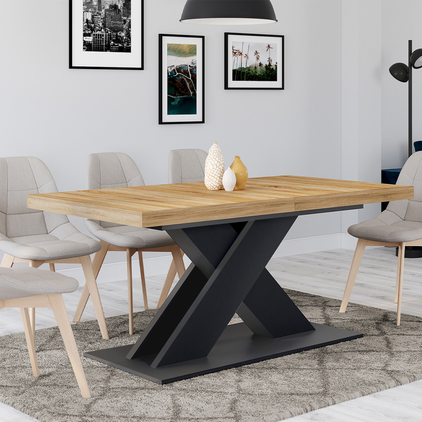 Table à manger extensible rectangle ALICIA 6-10 personnes bois et noir 160-200 cm - Image 4