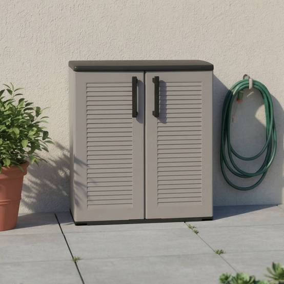 Dmora - Armoire d'extérieur Mol, Armoire de balcon polyvalente, Armoire d'extérieur avec 2 portes, 68x37h84 cm, Finition rayée, Gris et Noir - Dmora - Image 2