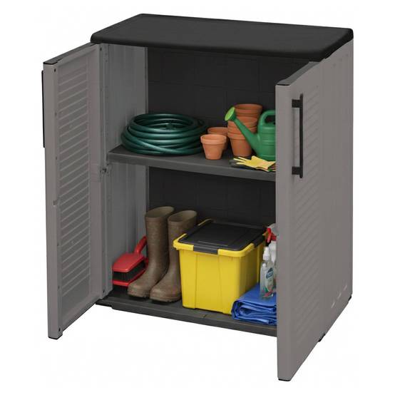 Dmora - Armoire d'extérieur Mol, Armoire de balcon polyvalente, Armoire d'extérieur avec 2 portes, 68x37h84 cm, Finition rayée, Gris et Noir - Dmora - Image 1