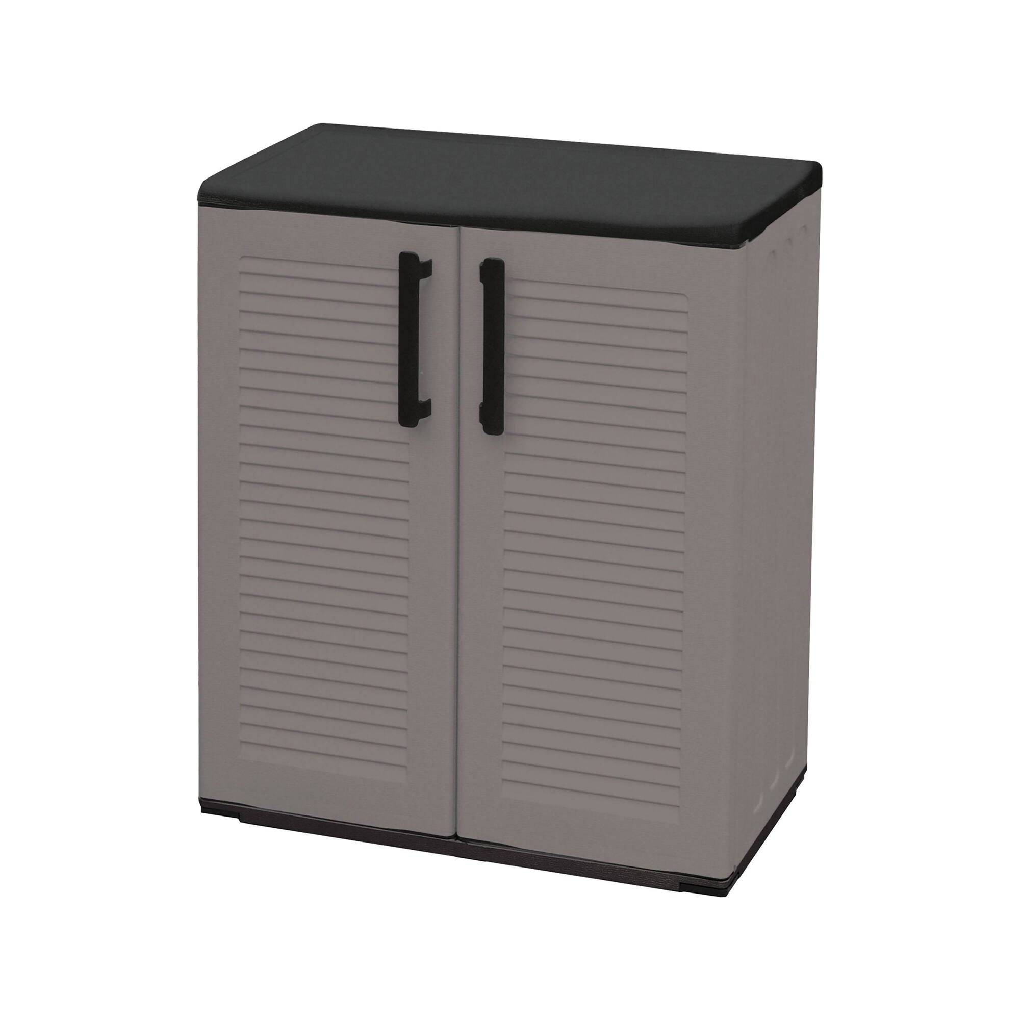 Dmora - Armoire d'extérieur Mol, Armoire de balcon polyvalente, Armoire d'extérieur avec 2 portes, 68x37h84 cm, Finition rayée, Gris et Noir - Dmora