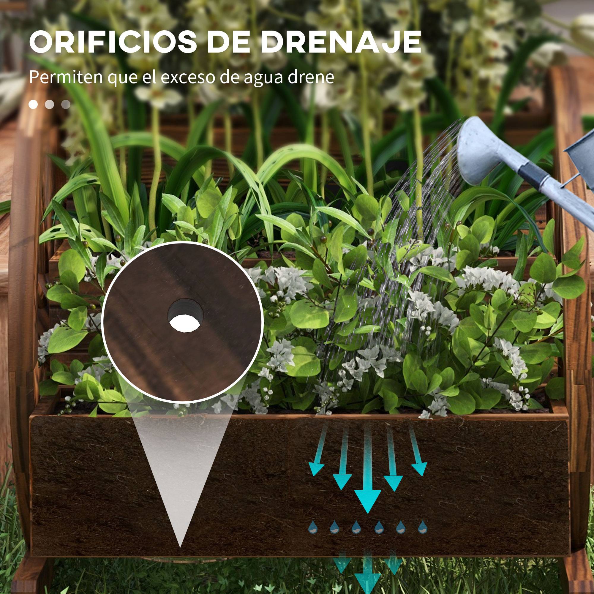 Jardinière en bois, pot de fleurs d'extérieur à 3 niveaux, design échelle, trous de drainage, 61 x 62 x 57 cm, carbonisé - Image 7