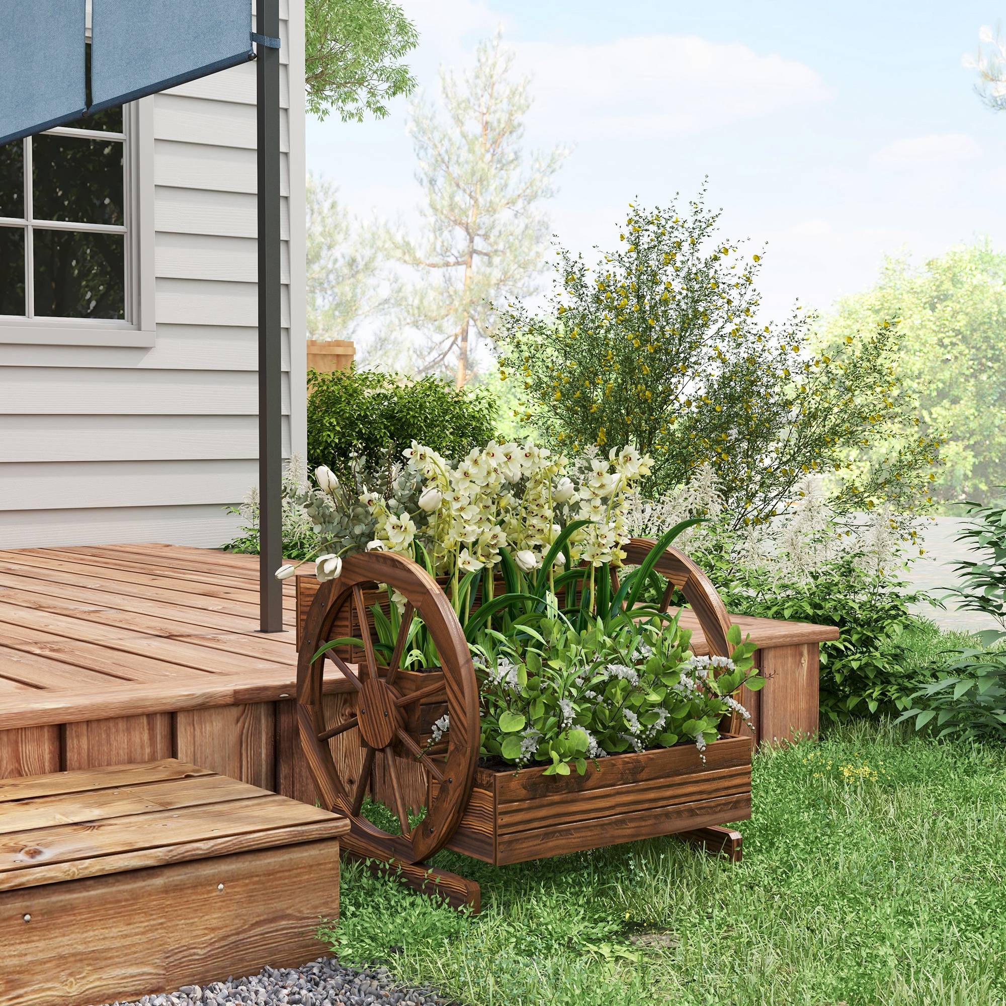 Jardinière en bois, pot de fleurs d'extérieur à 3 niveaux, design échelle, trous de drainage, 61 x 62 x 57 cm, carbonisé - Image 9