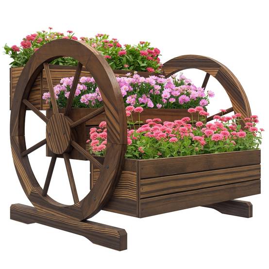 Jardinière en bois, pot de fleurs d'extérieur à 3 niveaux, design échelle, trous de drainage, 61 x 62 x 57 cm, carbonisé - Image 1