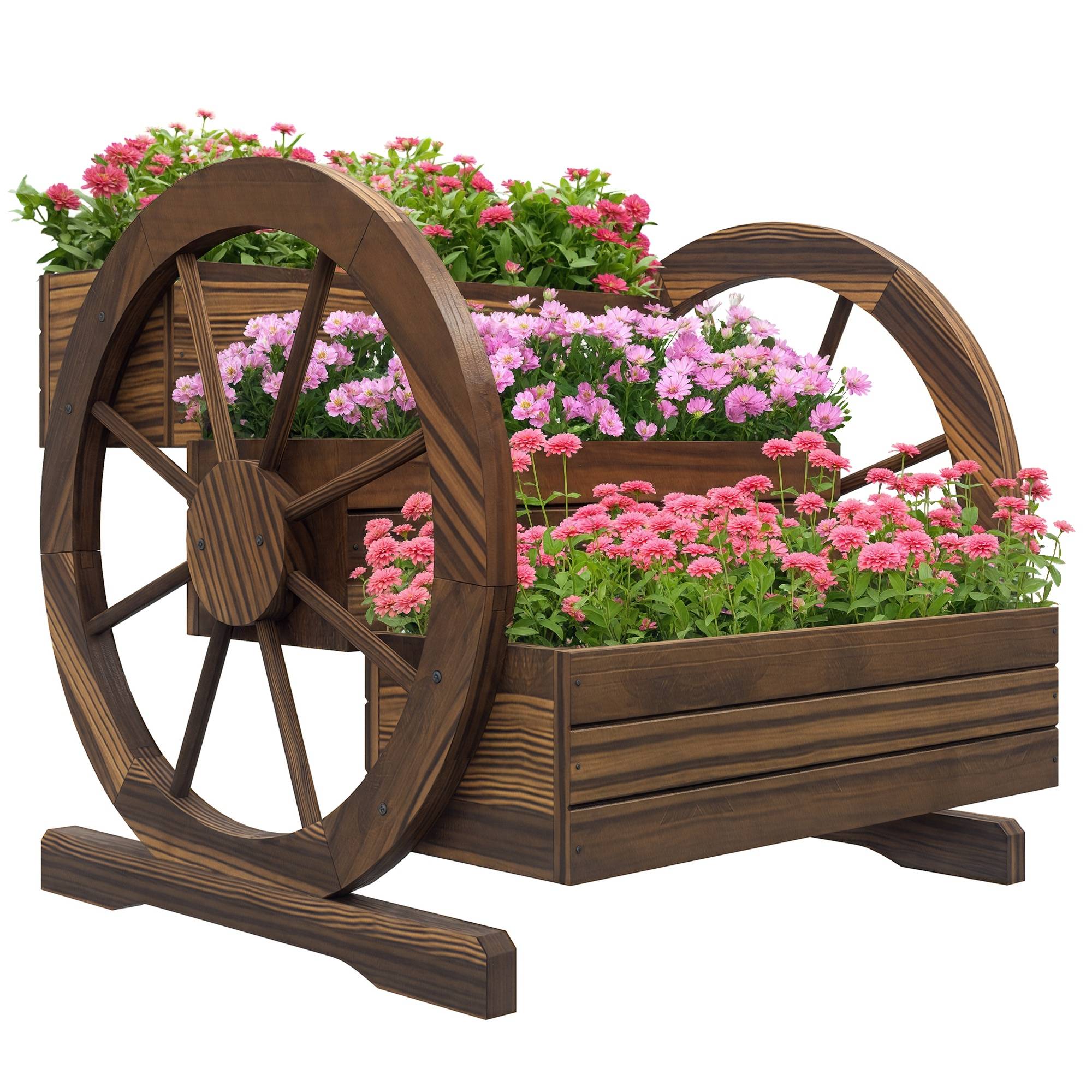 Jardinière en bois, pot de fleurs d'extérieur à 3 niveaux, design échelle, trous de drainage, 61 x 62 x 57 cm, carbonisé - Image 1