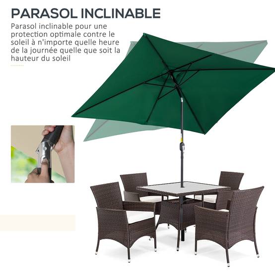 Parasol inclinable rectangulaire aluminium polyester haute densité 3 x 2 m Vert - Image 6