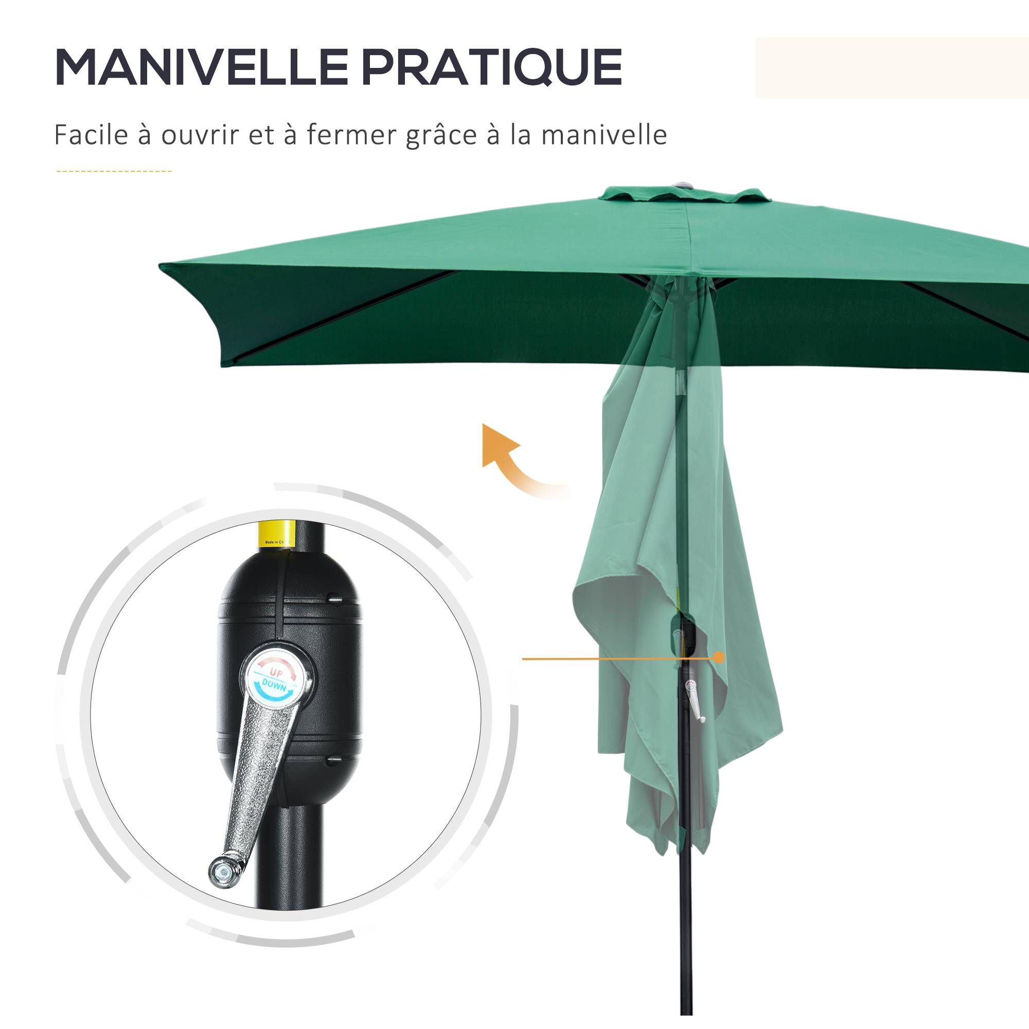 Parasol inclinable rectangulaire aluminium polyester haute densité 3 x 2 m Vert - Image 7