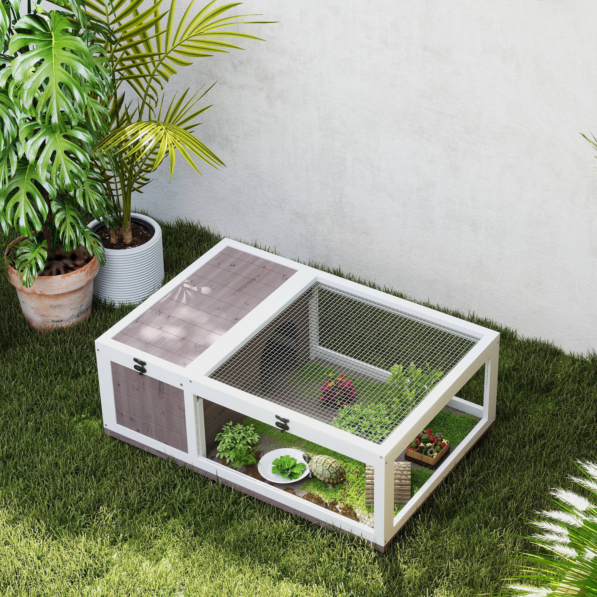 Maison enclos cage habitat pour petit animal tortues avec 2 espaces 91 x 60,5 x 32 cm bois massif marron clair - Image 10