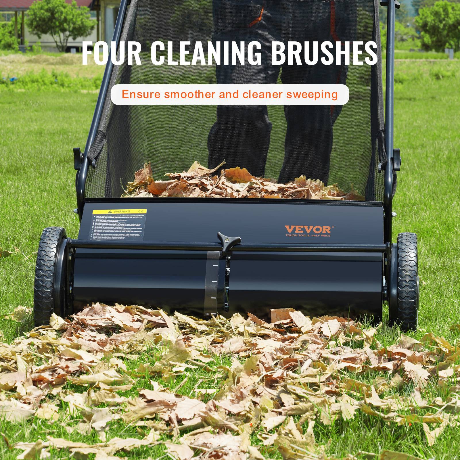 VEVOR Balayeuse à gazon 198L, largeur 66cm, brosse réglable, pour feuilles et débris secs. - Image 3