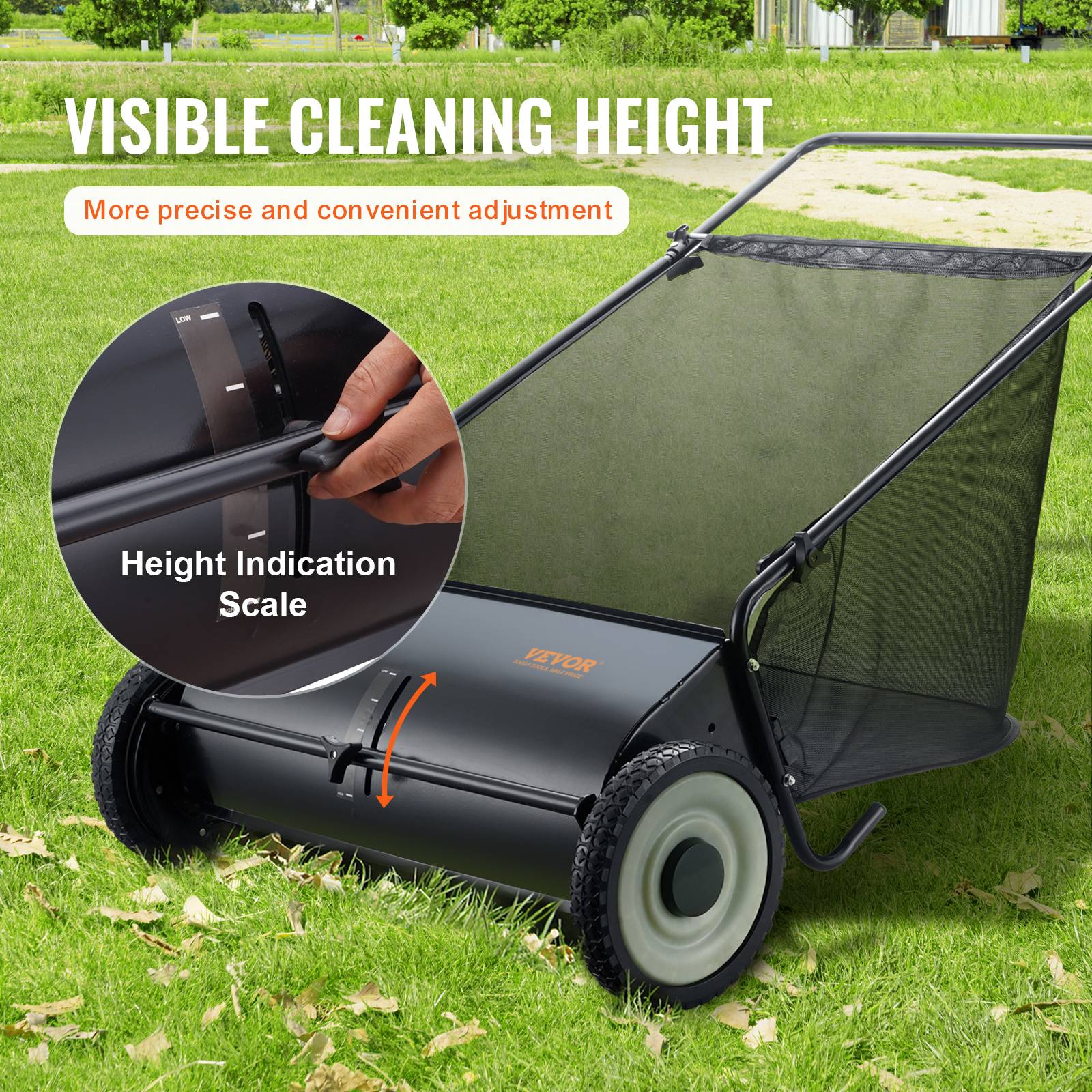 VEVOR Balayeuse à gazon 198L, largeur 66cm, brosse réglable, pour feuilles et débris secs. - Image 4