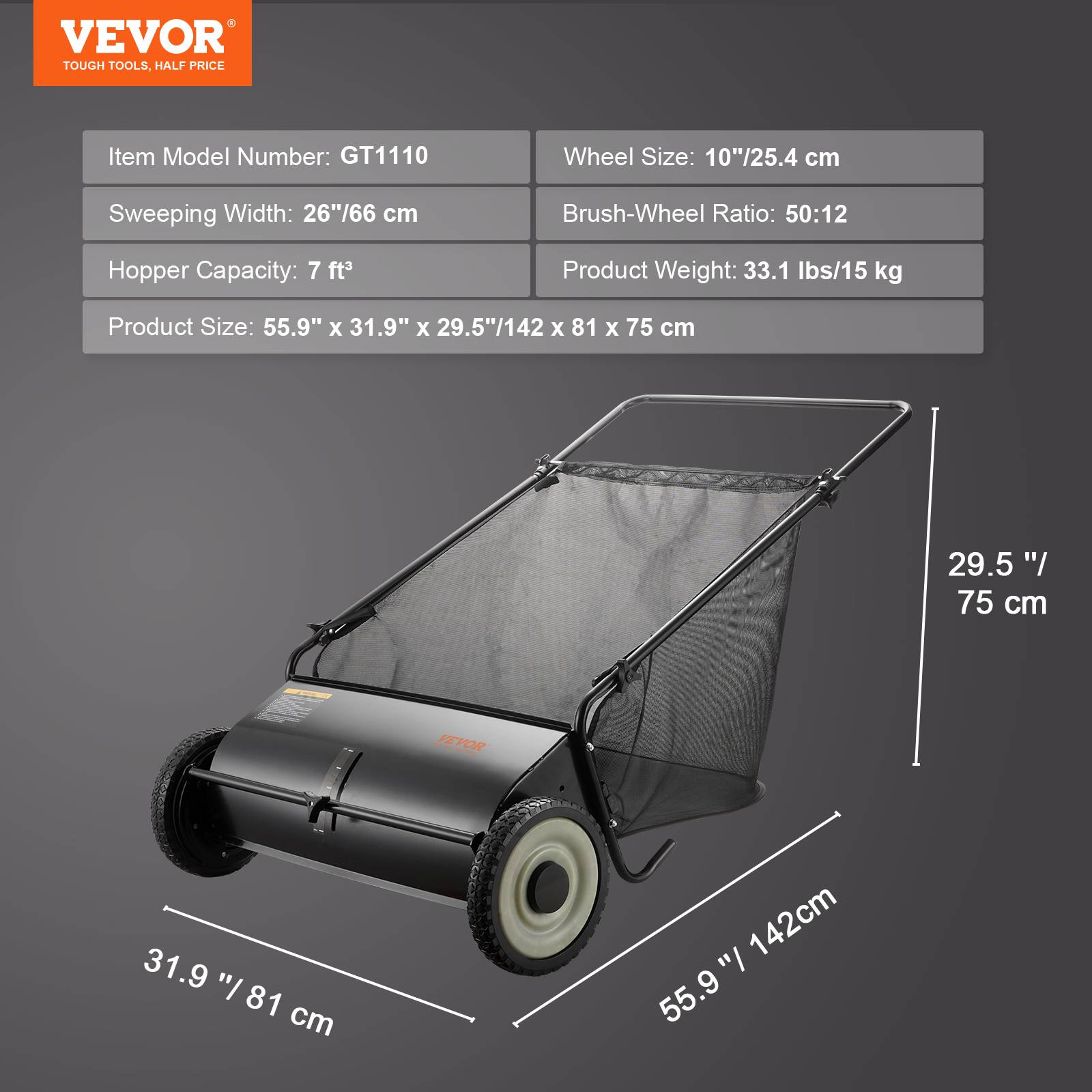 VEVOR Balayeuse à gazon 198L, largeur 66cm, brosse réglable, pour feuilles et débris secs. - Image 7