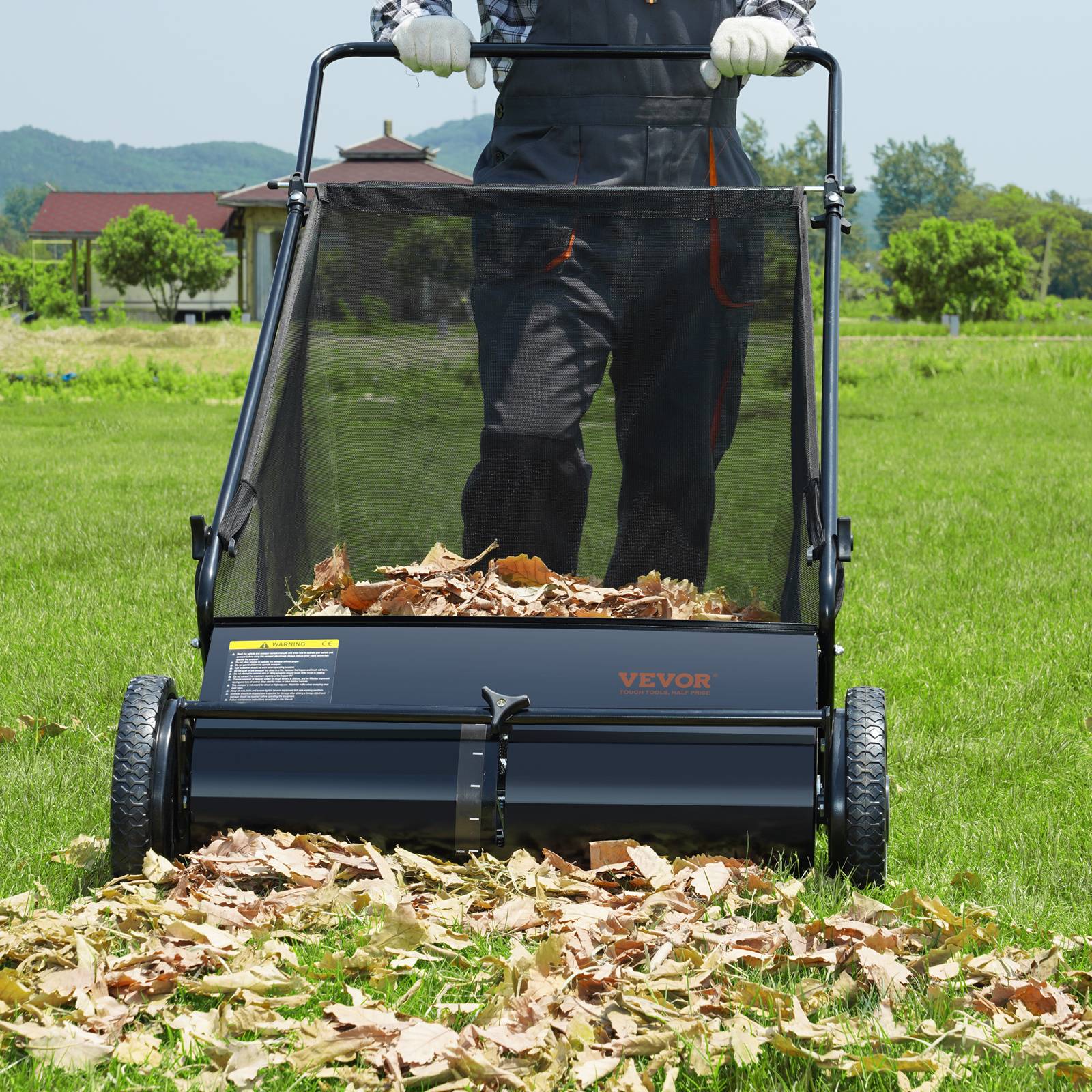 VEVOR Balayeuse à gazon 198L, largeur 66cm, brosse réglable, pour feuilles et débris secs. - Image 8