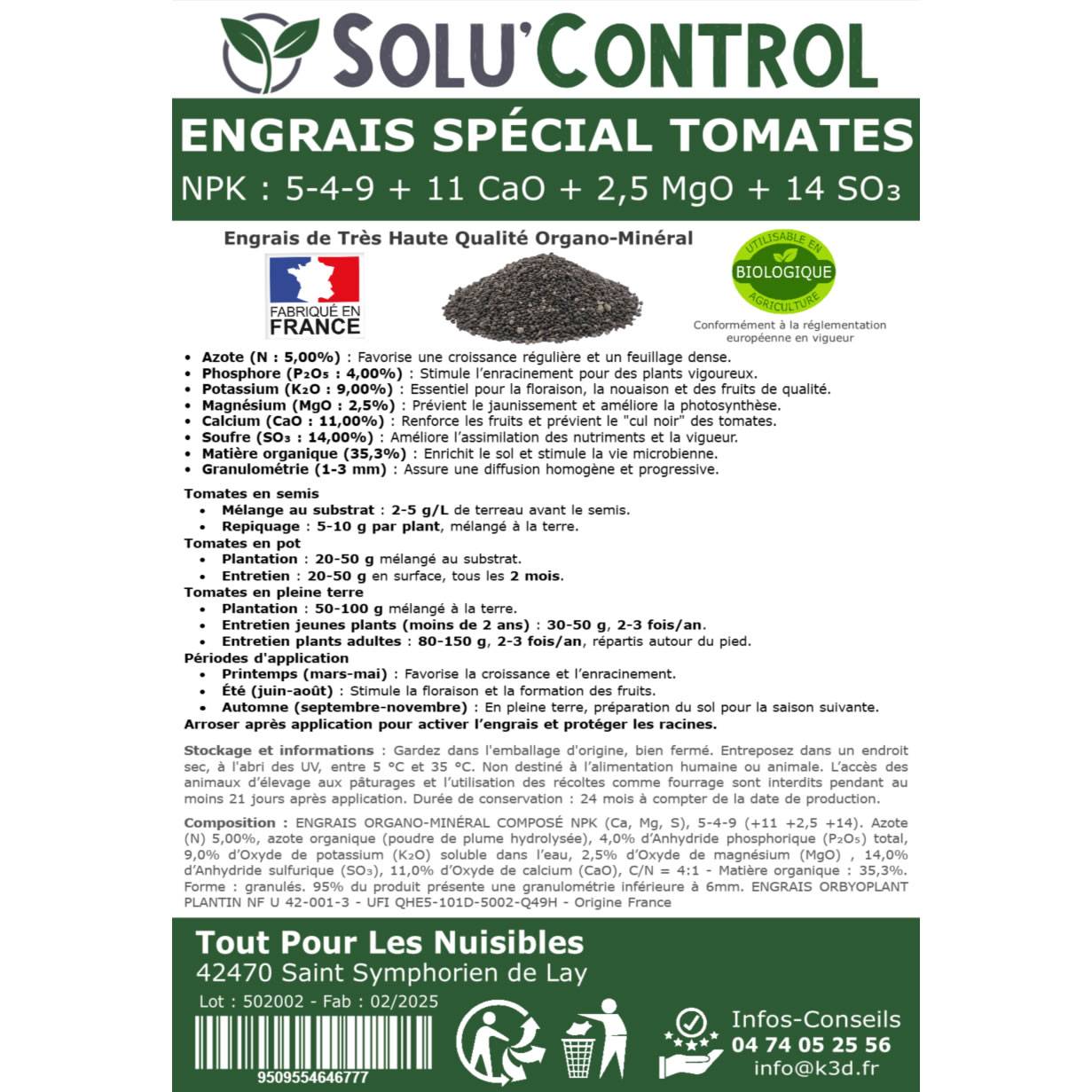 SOLU’CONTROL - 1,5 kg d' Engrais Spécial Tomates, Aubergines, Poivrons, Piments - Formulation haute qualité Organo-Minerale - UAB - Image 3