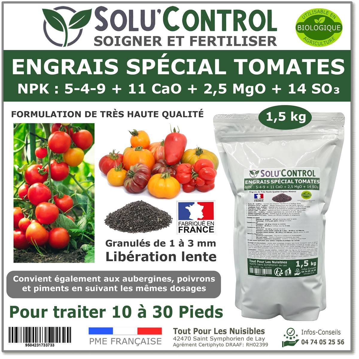 SOLU’CONTROL - 1,5 kg d' Engrais Spécial Tomates, Aubergines, Poivrons, Piments - Formulation haute qualité Organo-Minerale - UAB - Image 1