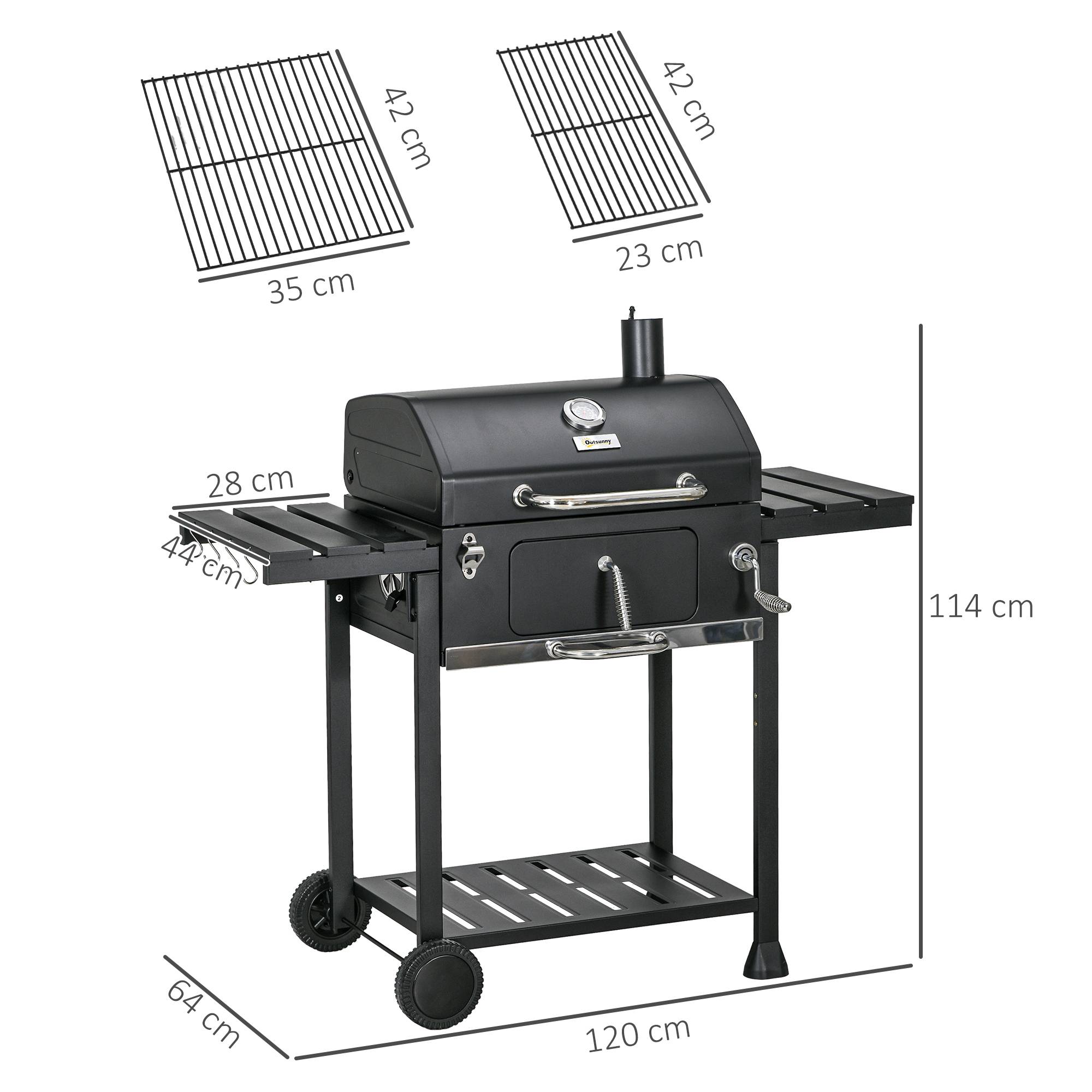 Sans Marque - Barbecue fumoir à charbon de bois, avec thermomètre et ouvre-bouteille, 120 x 64 x 114 cm, noir - Image 5