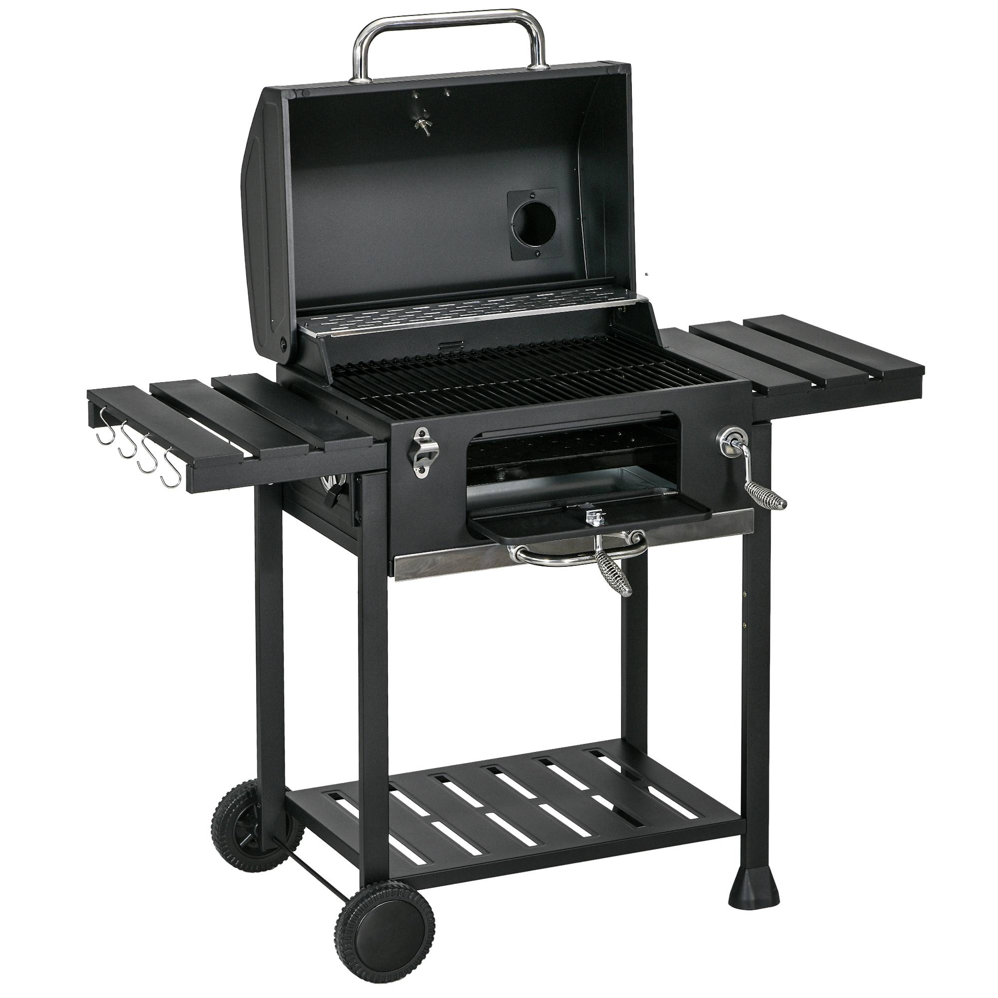 Sans Marque - Barbecue fumoir à charbon de bois, avec thermomètre et ouvre-bouteille, 120 x 64 x 114 cm, noir - Image 2