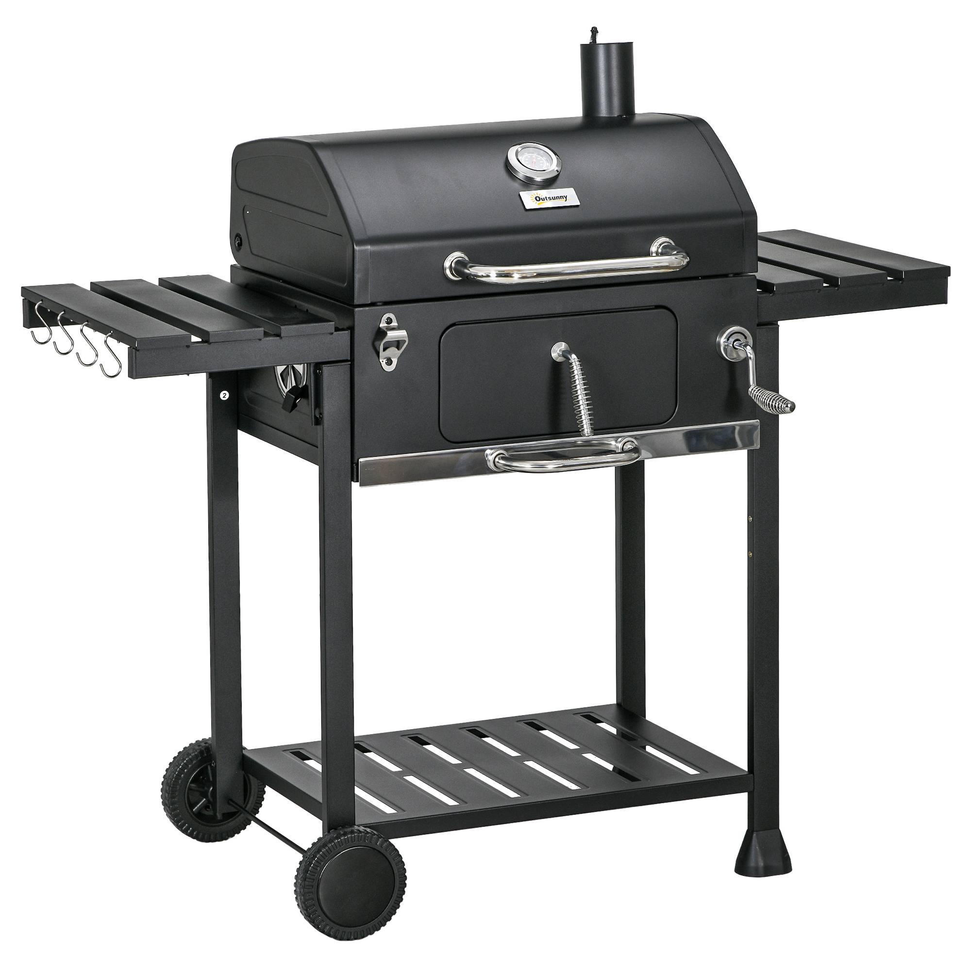 Sans Marque - Barbecue fumoir à charbon de bois, avec thermomètre et ouvre-bouteille, 120 x 64 x 114 cm, noir - Image 1